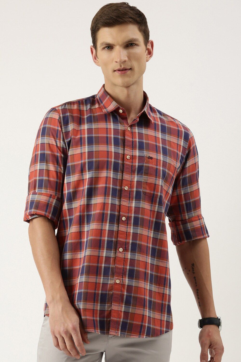 Men Orange Slim Fit Check Full Sleeves Casual Shirt