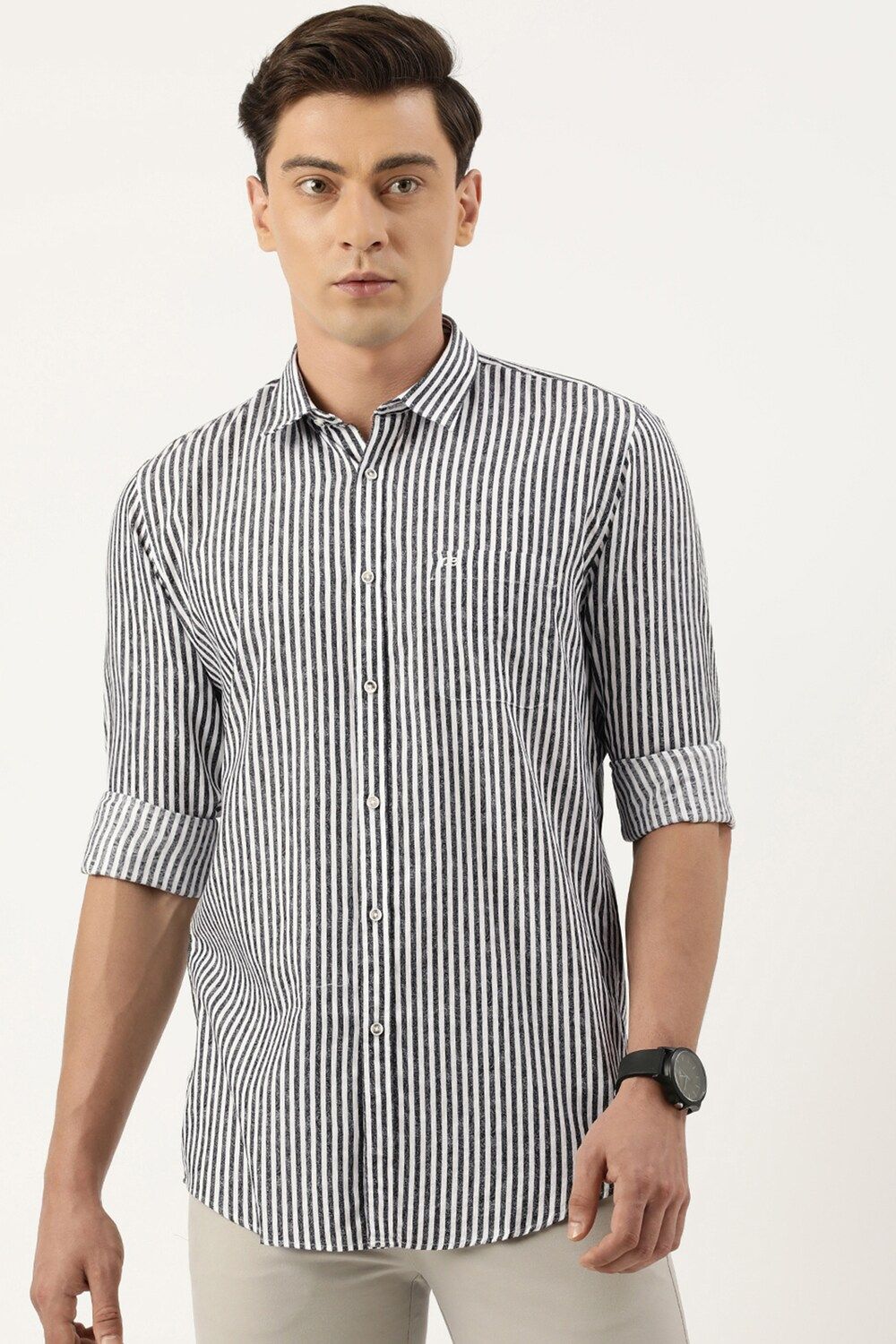 Men Grey Slim Fit Stripe Full Sleeves Casual Shirt