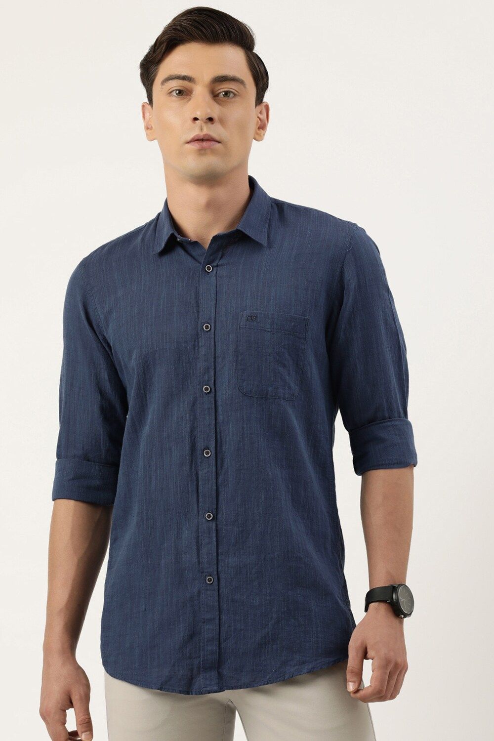 Men Navy Slim Fit Solid Full Sleeves Casual Shirt