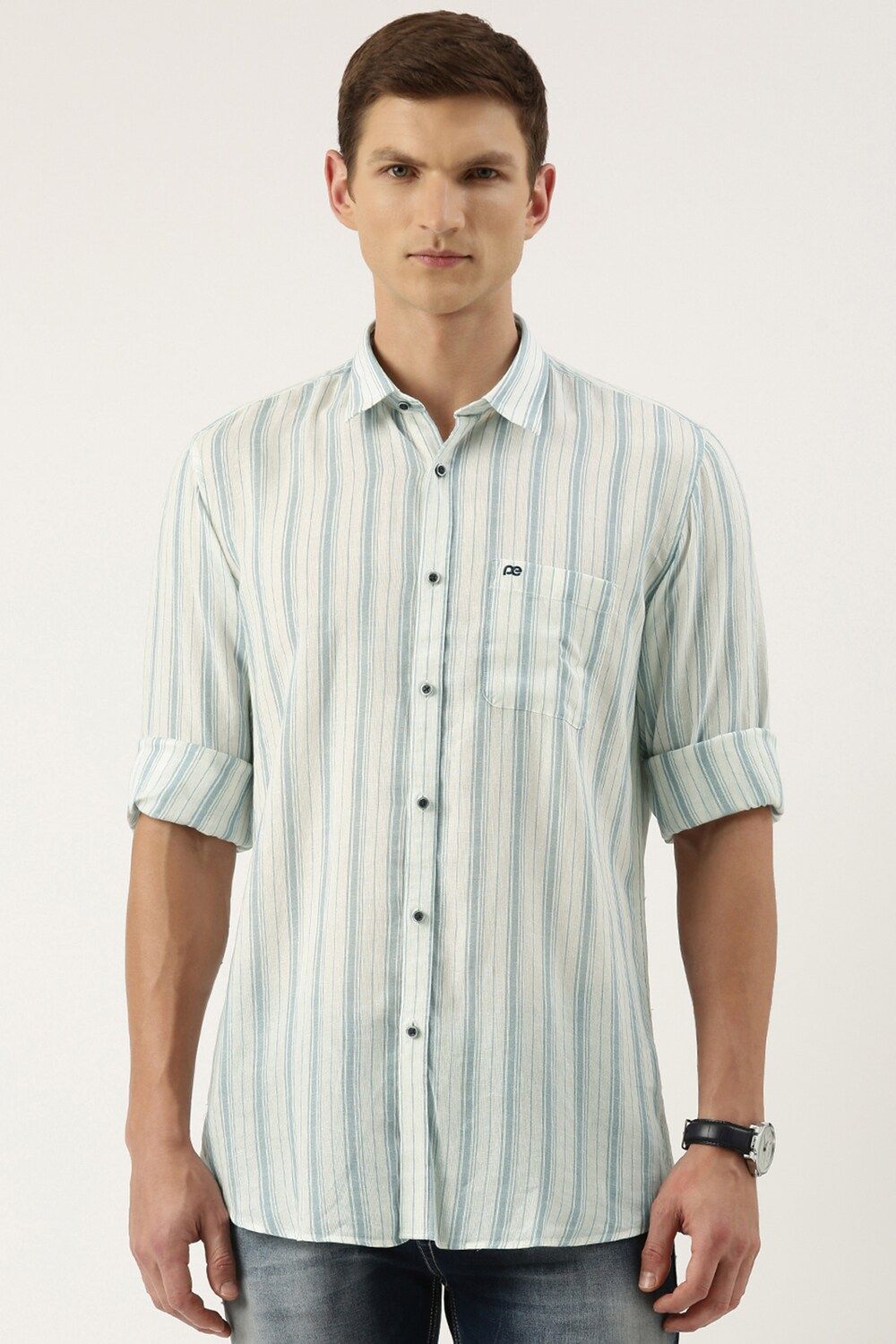 Men Green Slim Fit Stripe Full Sleeves Casual Shirt