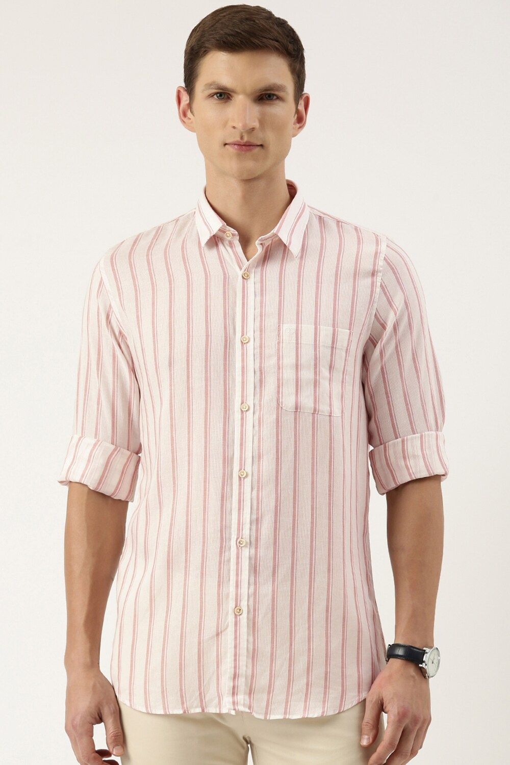 Men Cream Slim Fit Stripe Full Sleeves Casual Shirt