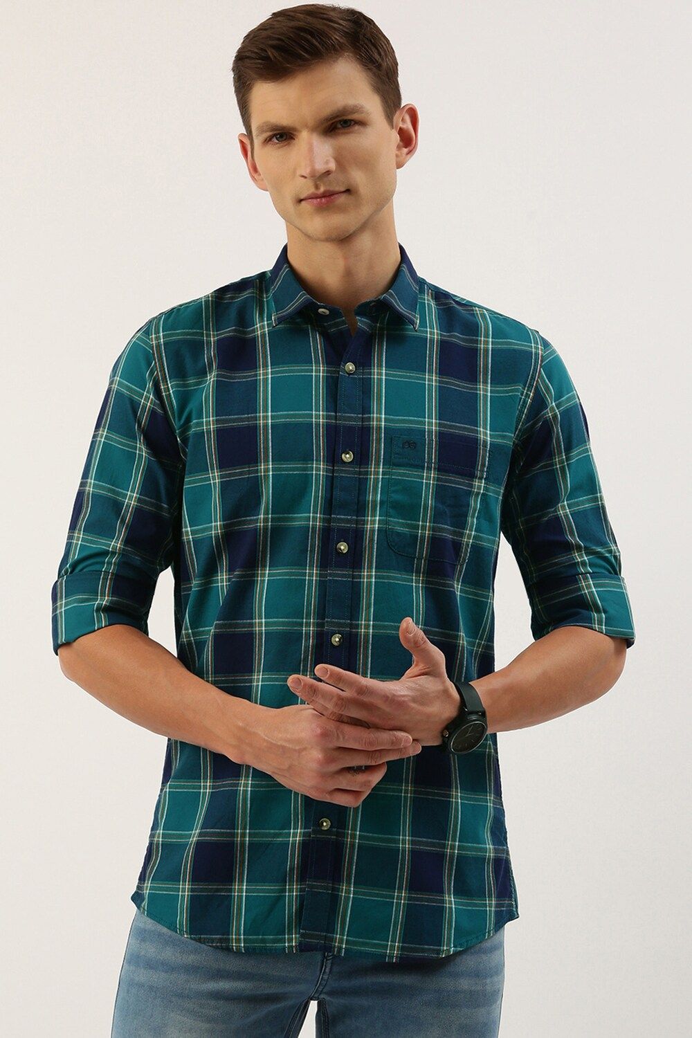 Men Green Slim Fit Check Full Sleeves Casual Shirt