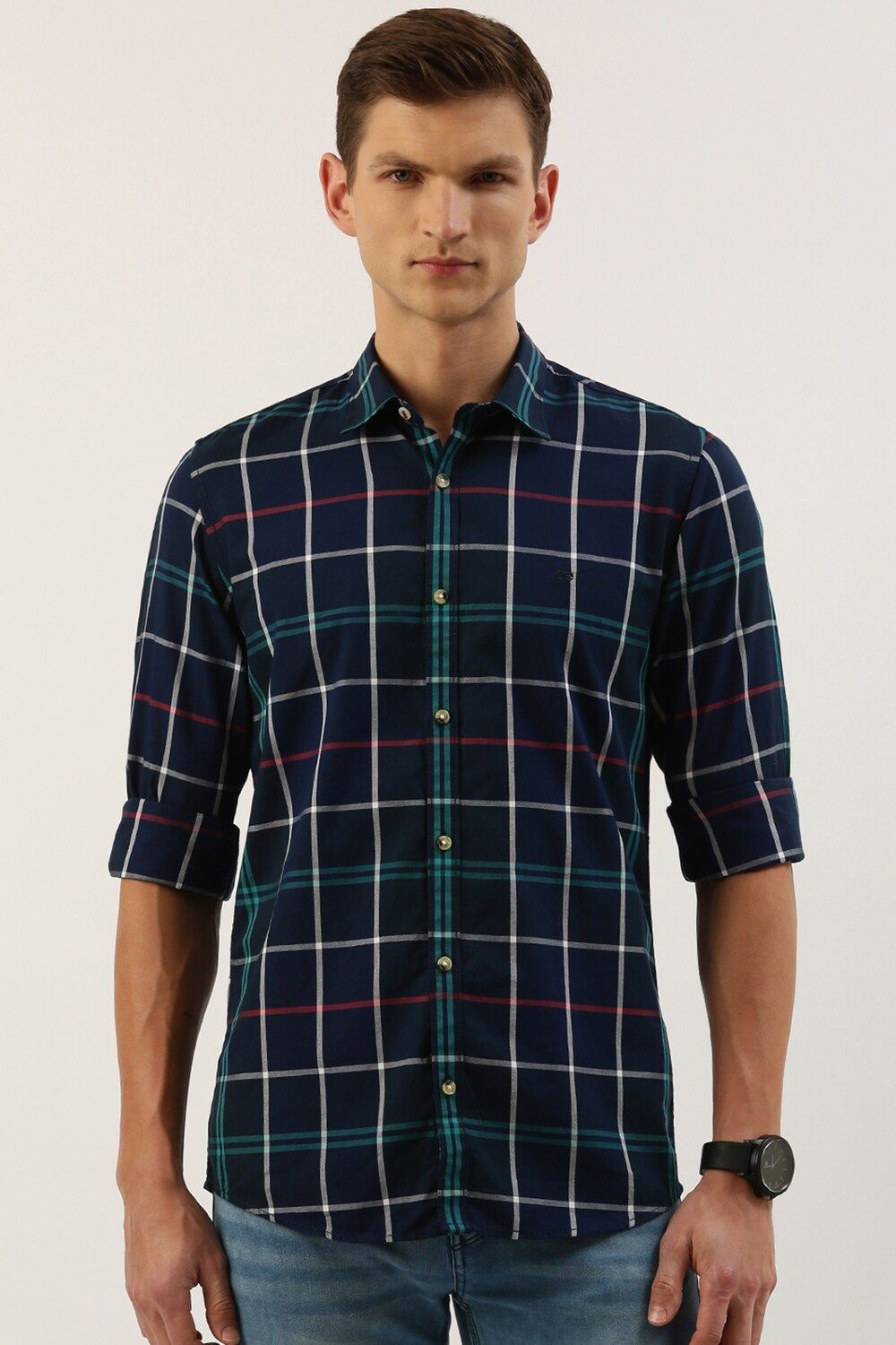 Men Navy Slim Fit Check Full Sleeves Casual Shirt