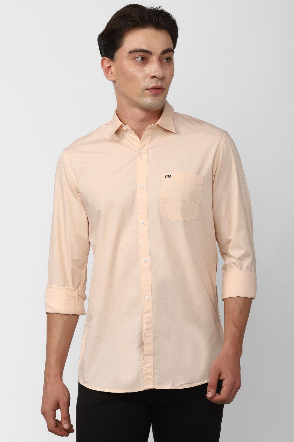 Men Peach Slim Fit Solid Full Sleeves Casual Shirt