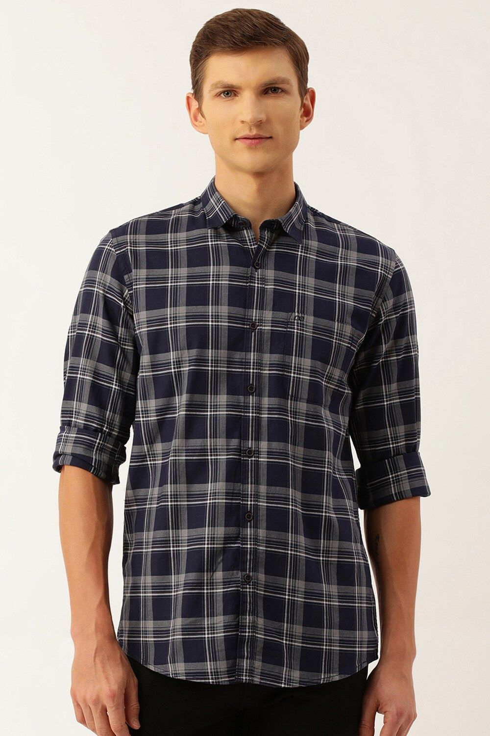 Men Navy Slim Fit Check Full Sleeves Casual Shirt
