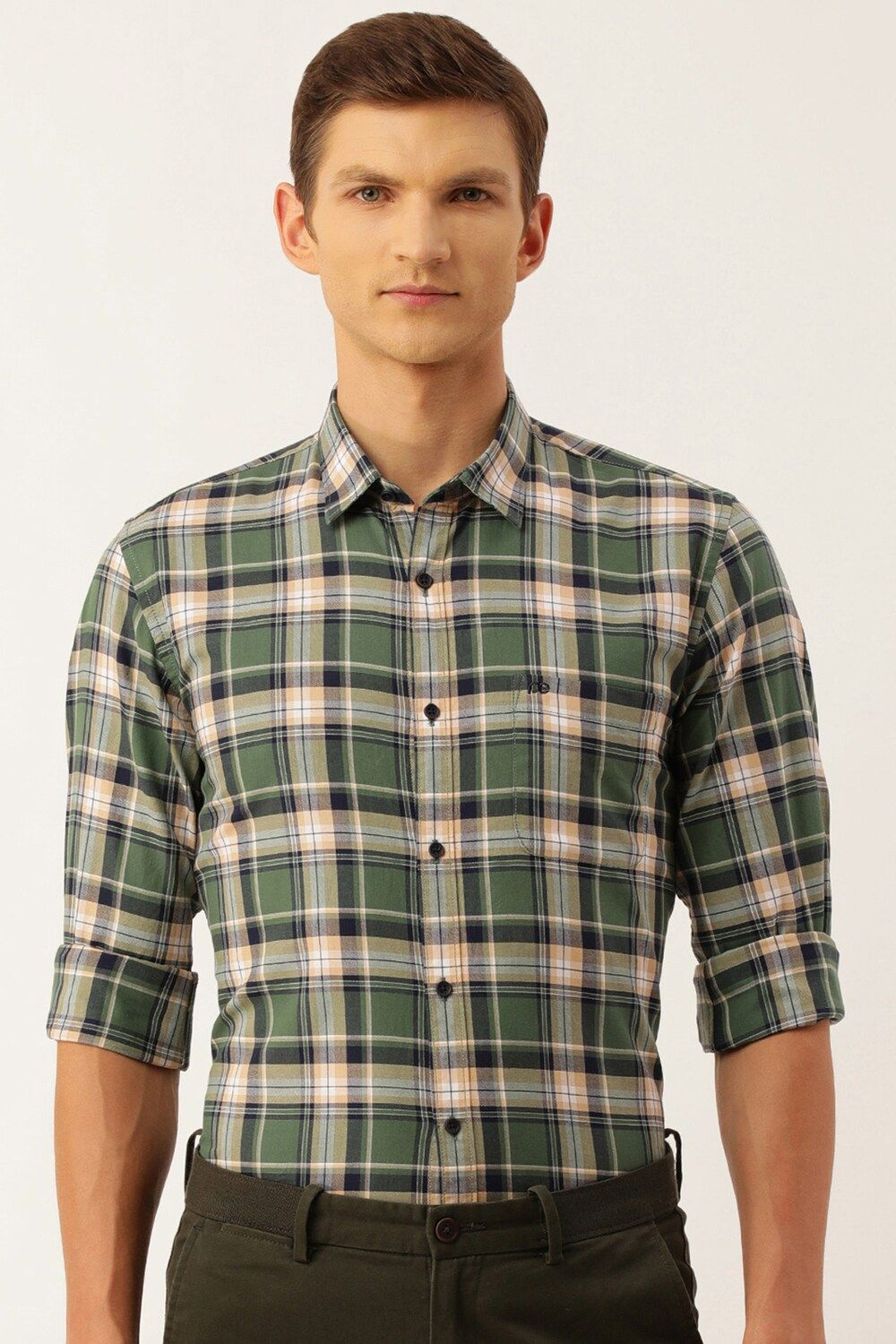 Men Olive Slim Fit Check Full Sleeves Casual Shirt