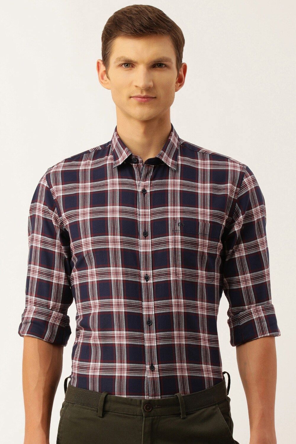 Men Navy Slim Fit Check Full Sleeves Casual Shirt