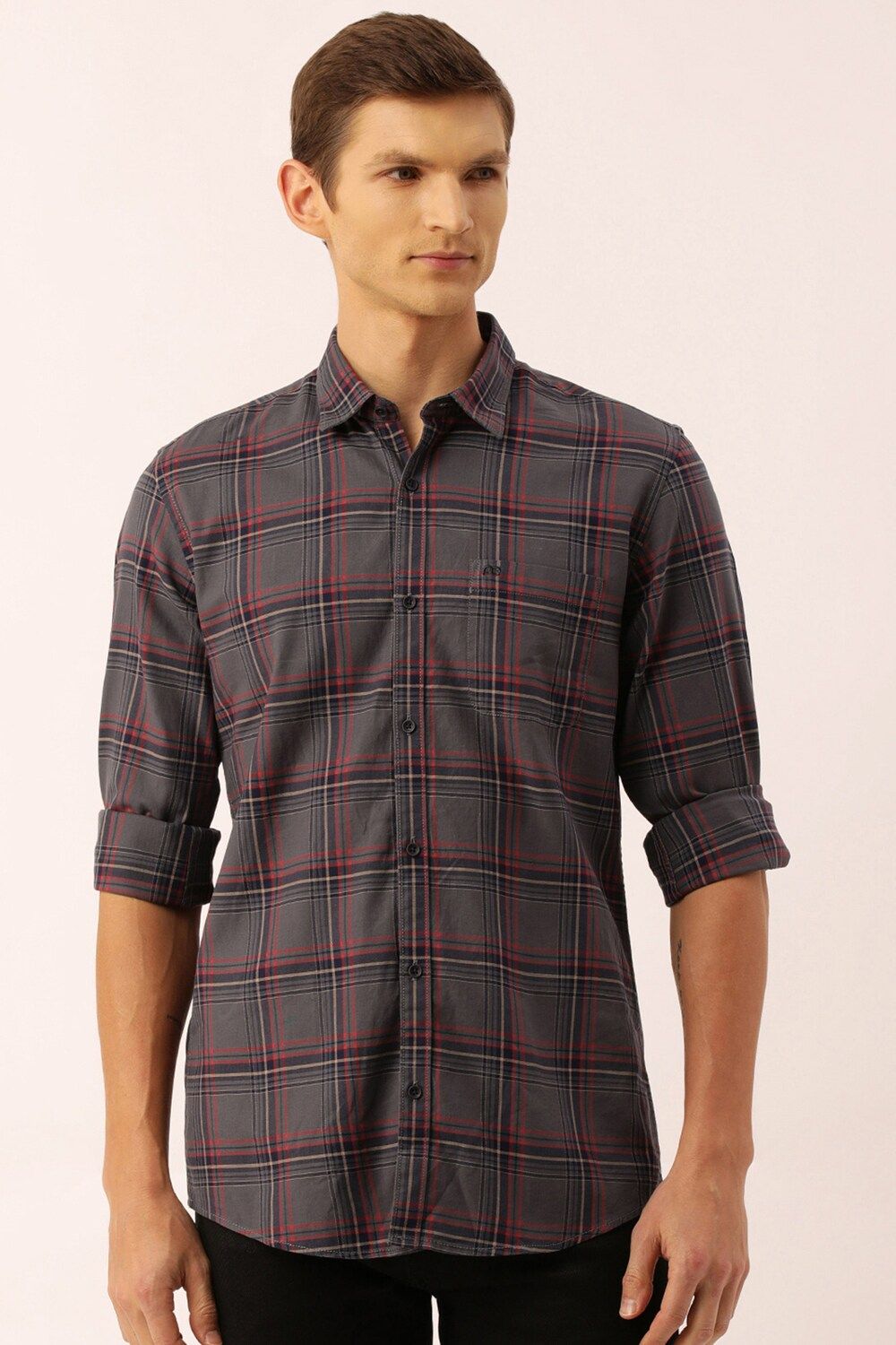 Men Grey Slim Fit Check Full Sleeves Casual Shirt