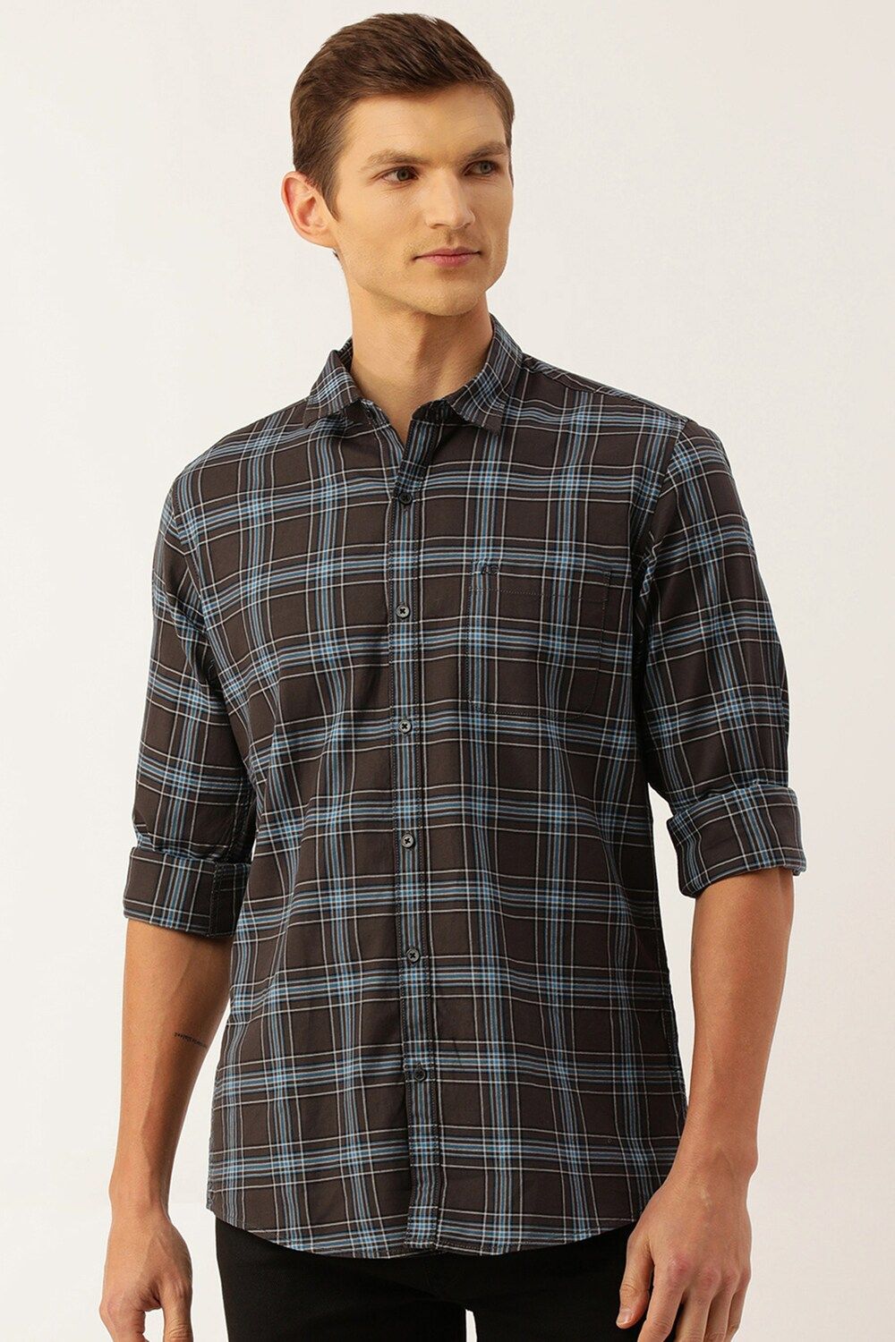 Men Brown Slim Fit Check Full Sleeves Casual Shirt