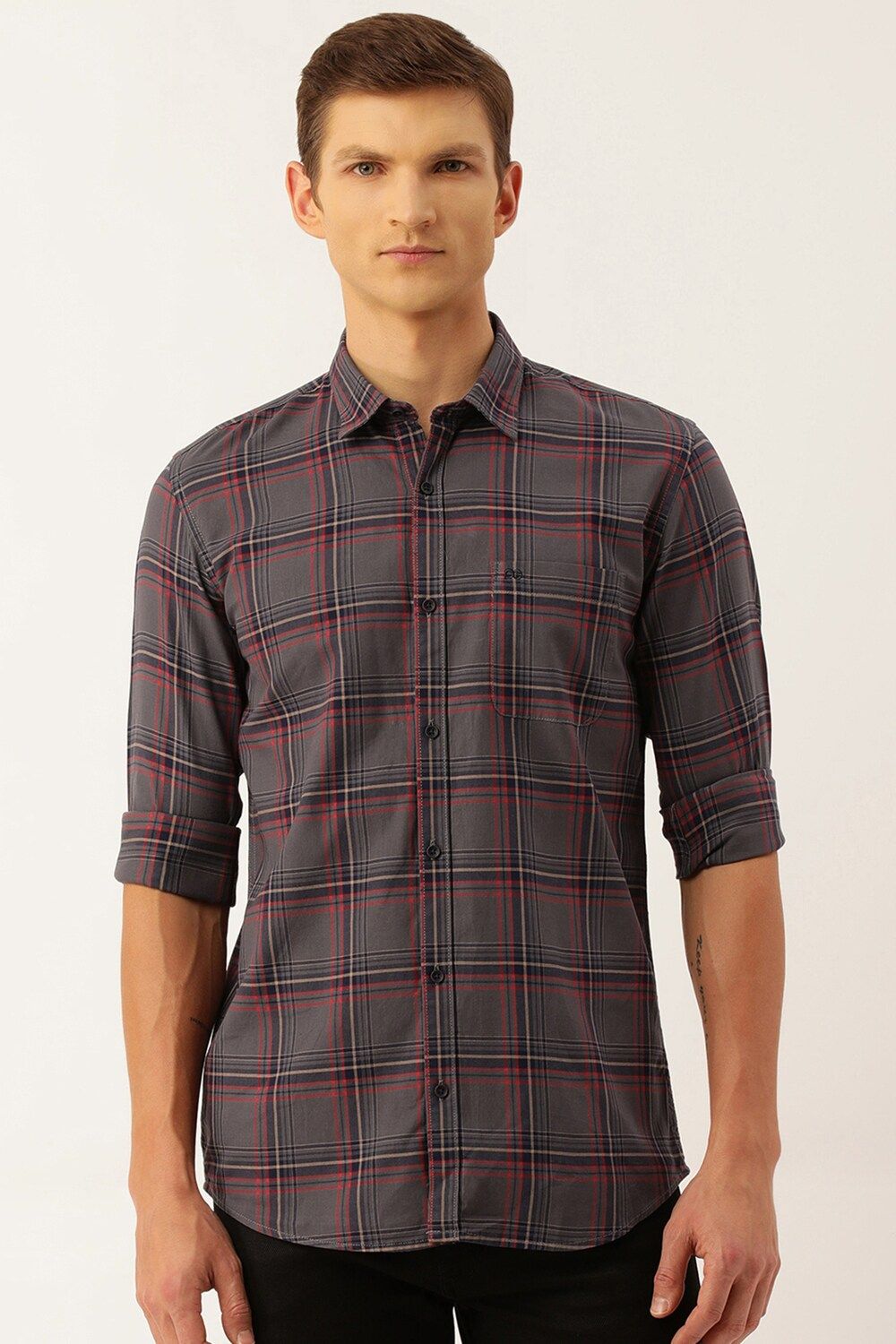 Men Grey Slim Fit Check Full Sleeves Casual Shirt