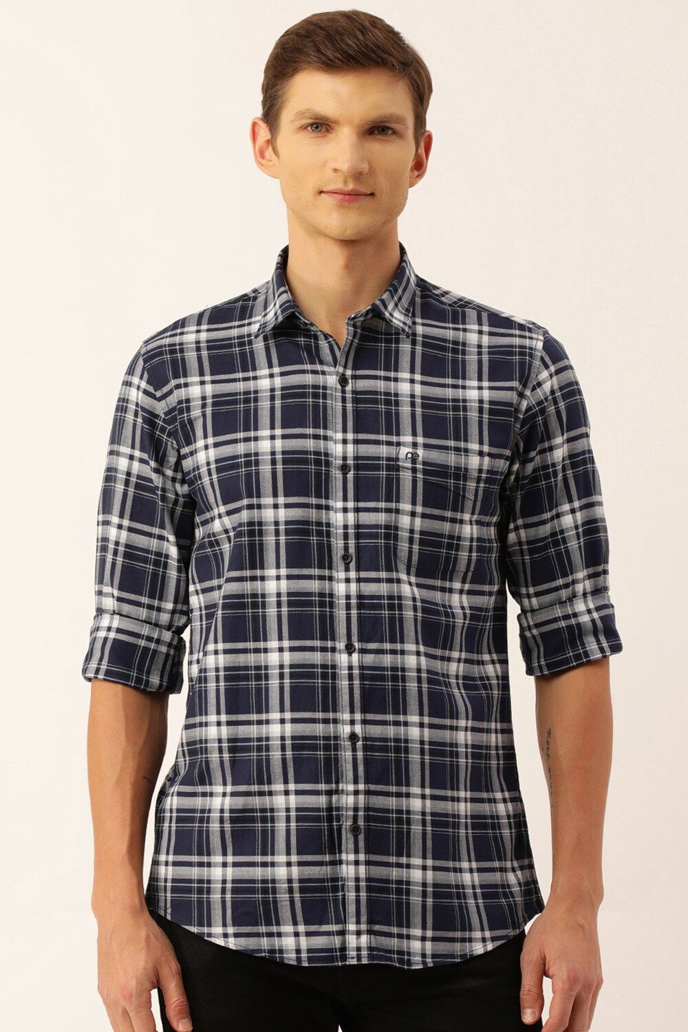 Men Navy Slim Fit Check Full Sleeves Casual Shirt