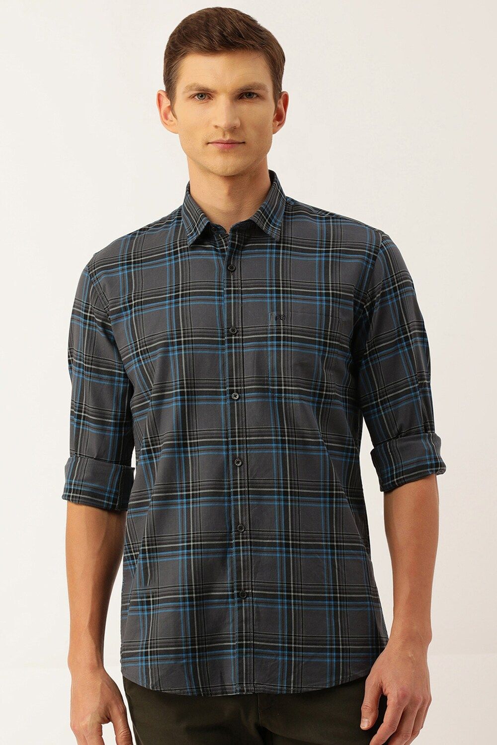 Men Grey Slim Fit Check Full Sleeves Casual Shirt