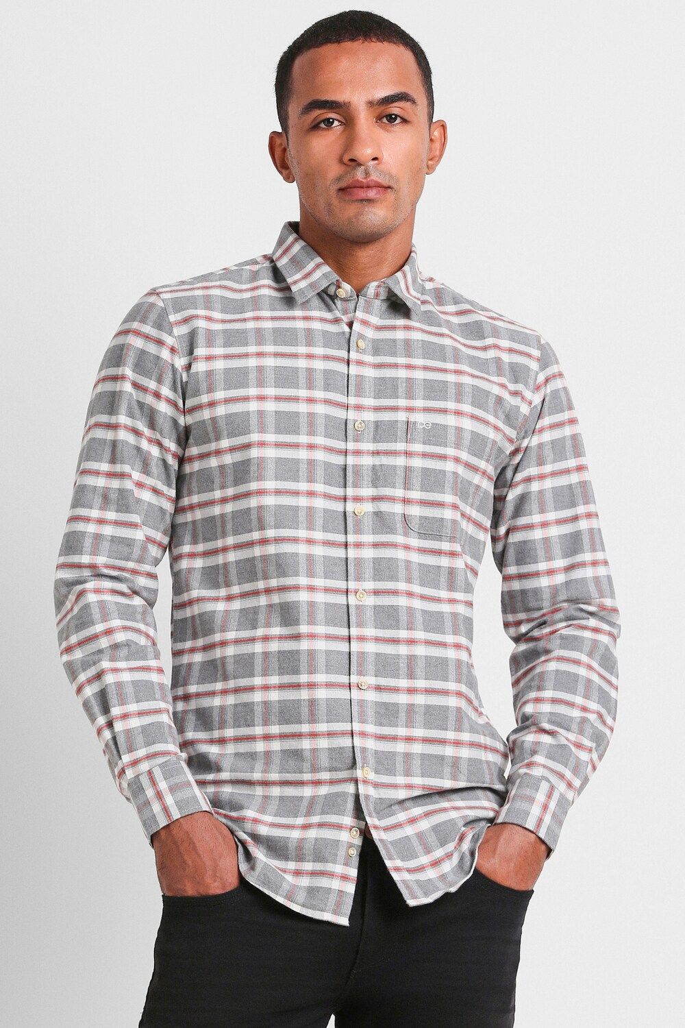 Men Grey Slim Fit Check Full Sleeves Casual Shirt