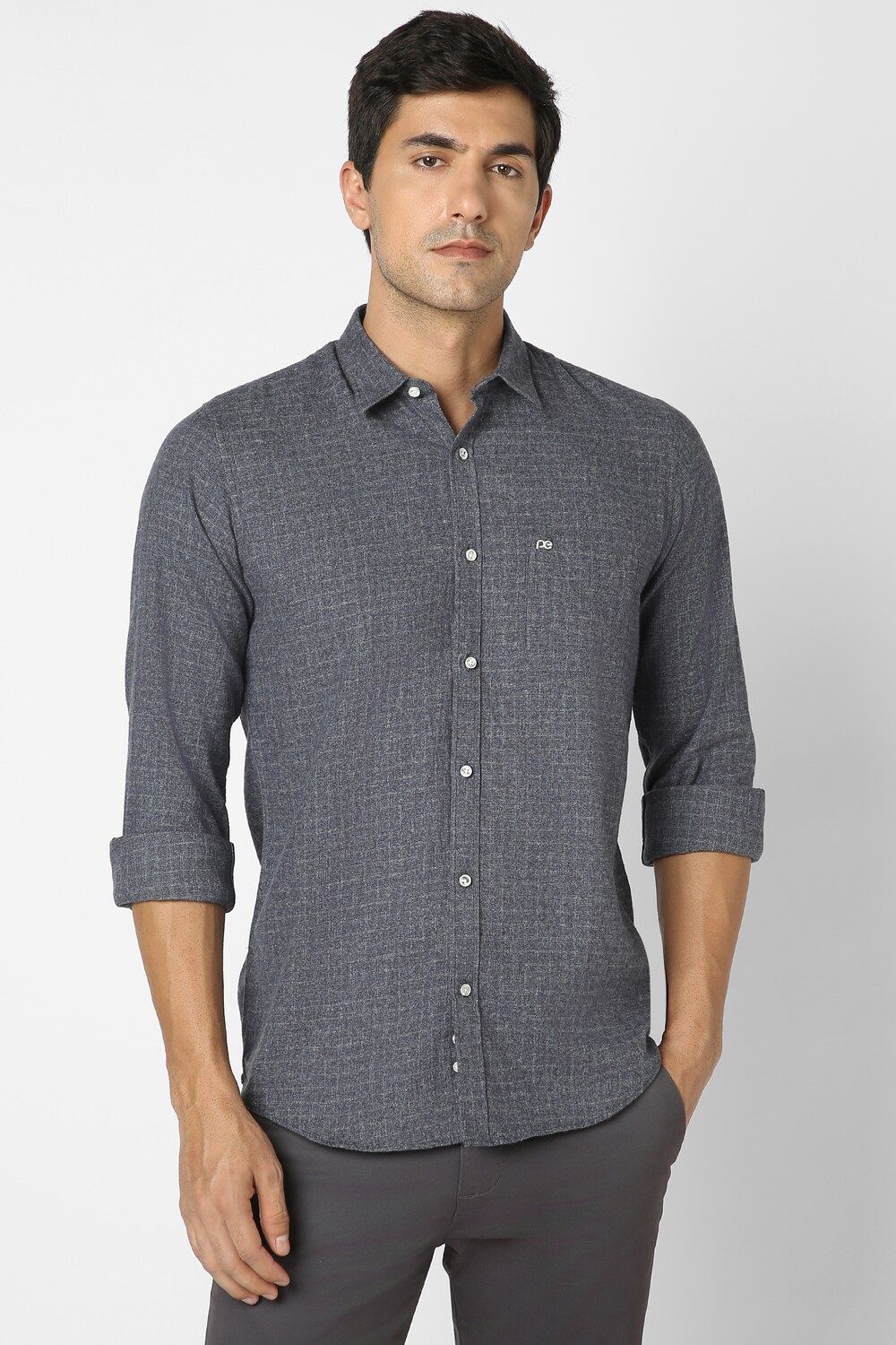 Men Grey Slim Fit Check Full Sleeves Casual Shirt