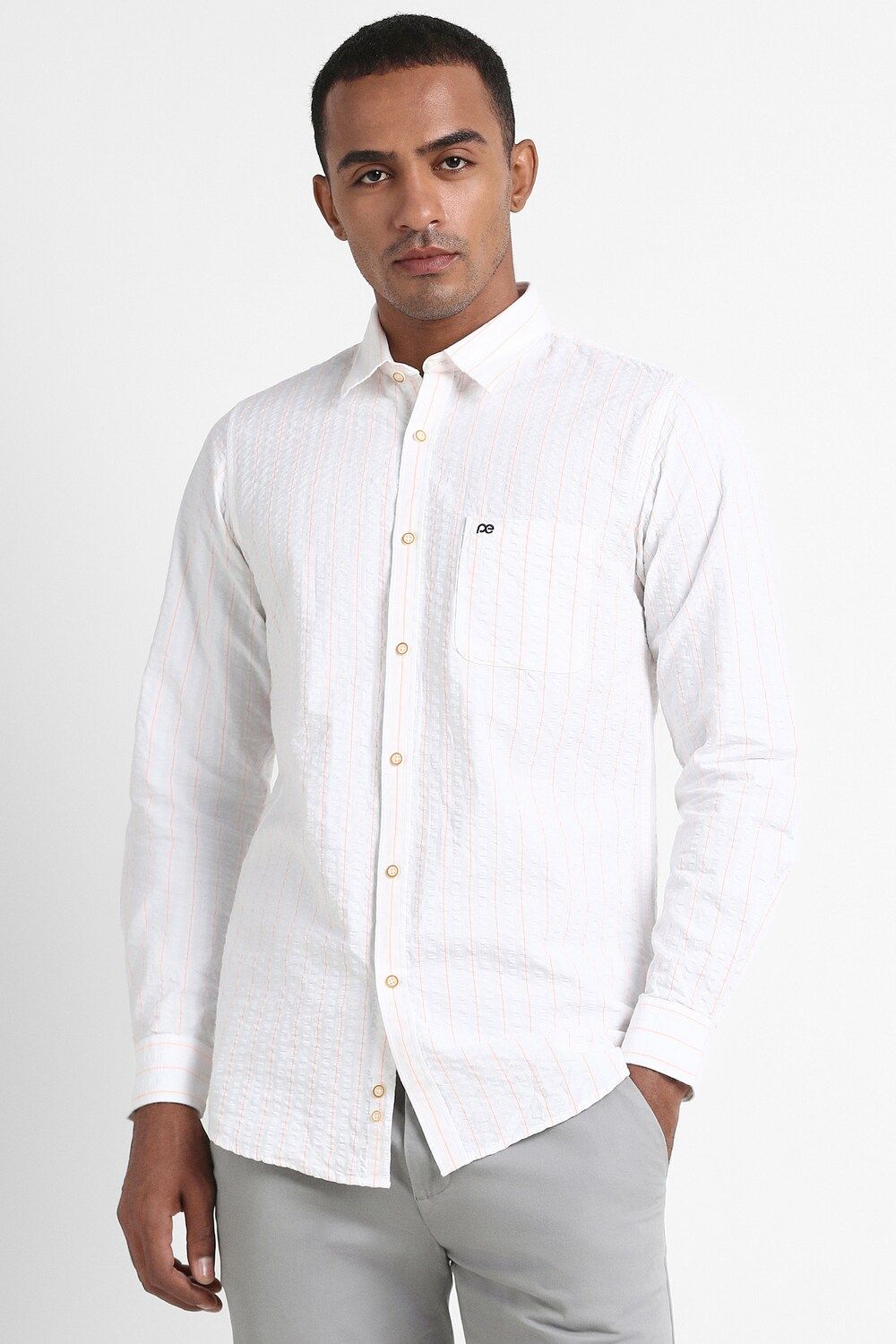 Men White Slim Fit Stripe Full Sleeves Casual Shirt