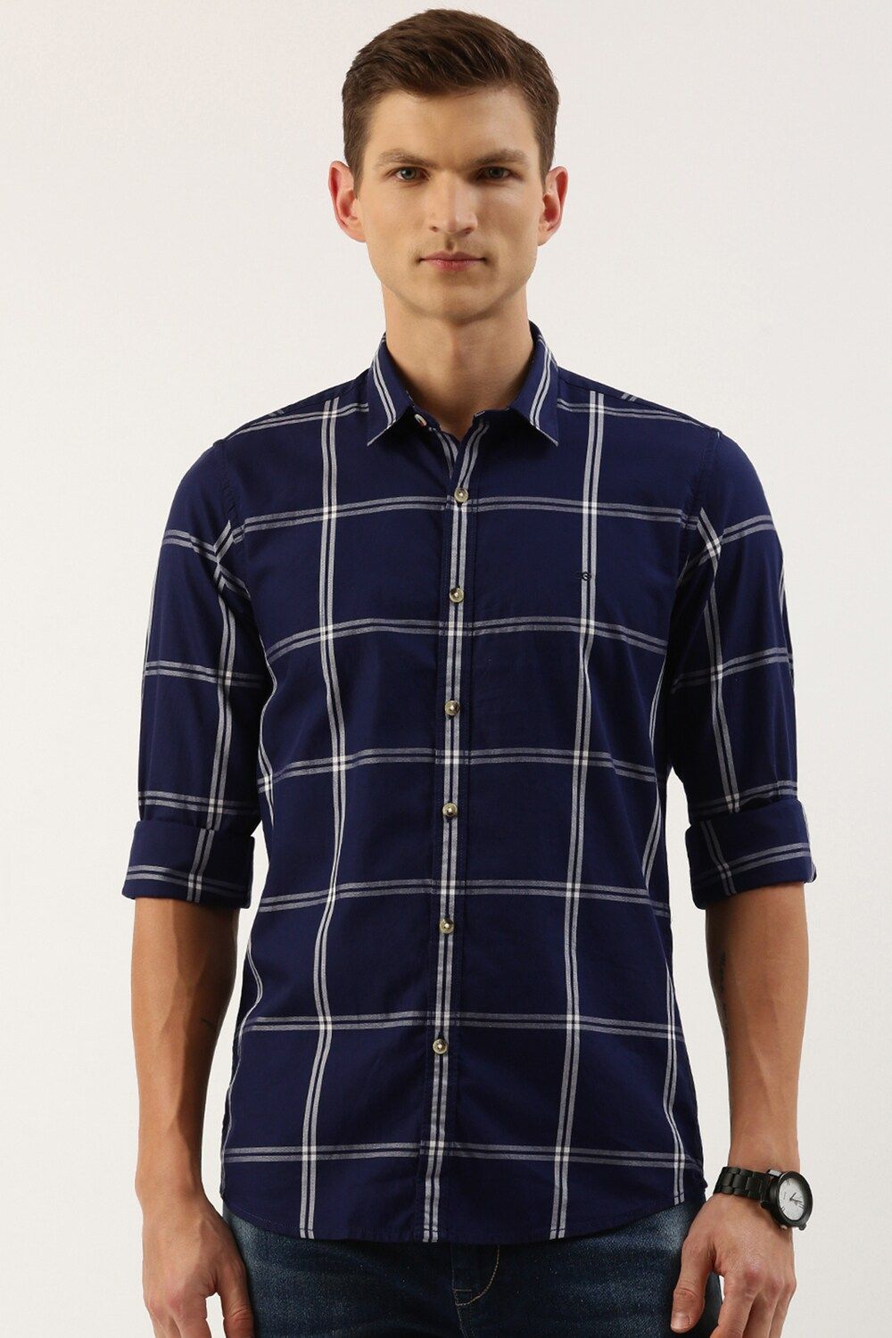 Men Navy Slim Fit Check Full Sleeves Casual Shirt