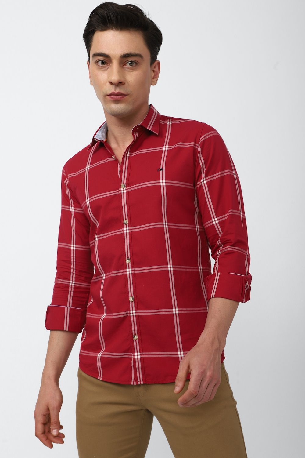 Men Red Slim Fit Check Full Sleeves Casual Shirt