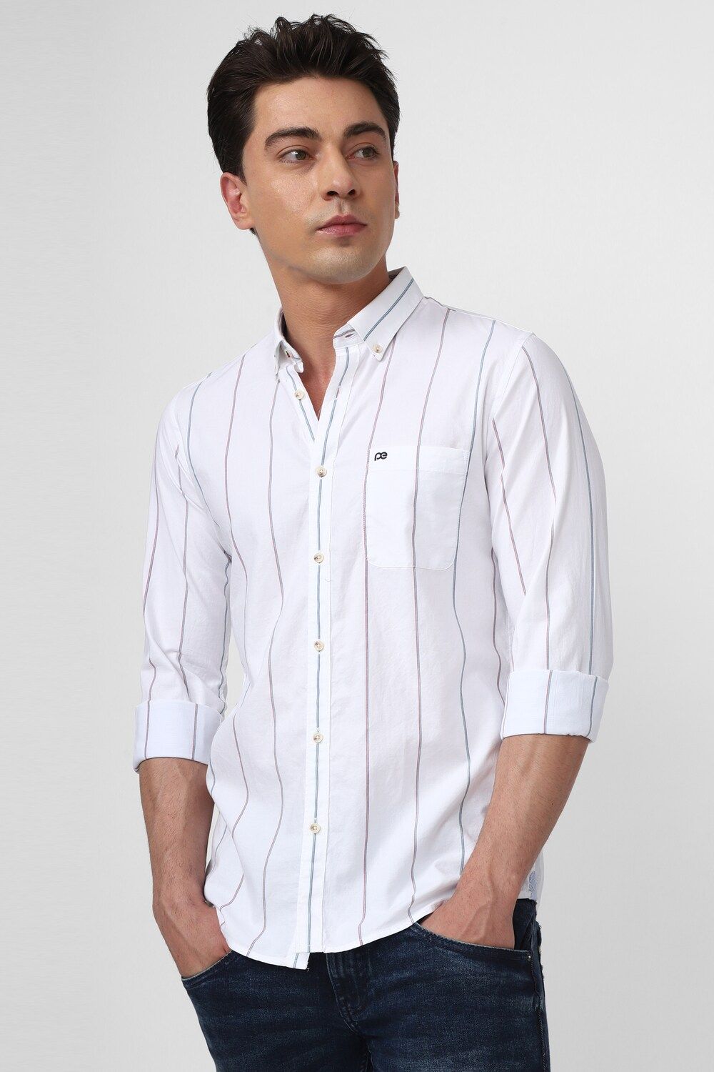 Men White Slim Fit Stripe Full Sleeves Casual Shirt