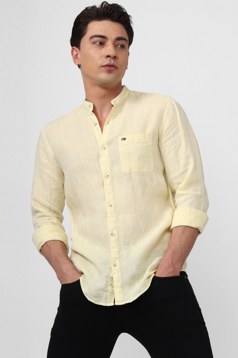 Men Yellow Slim Fit Solid Full Sleeves Casual Shirt