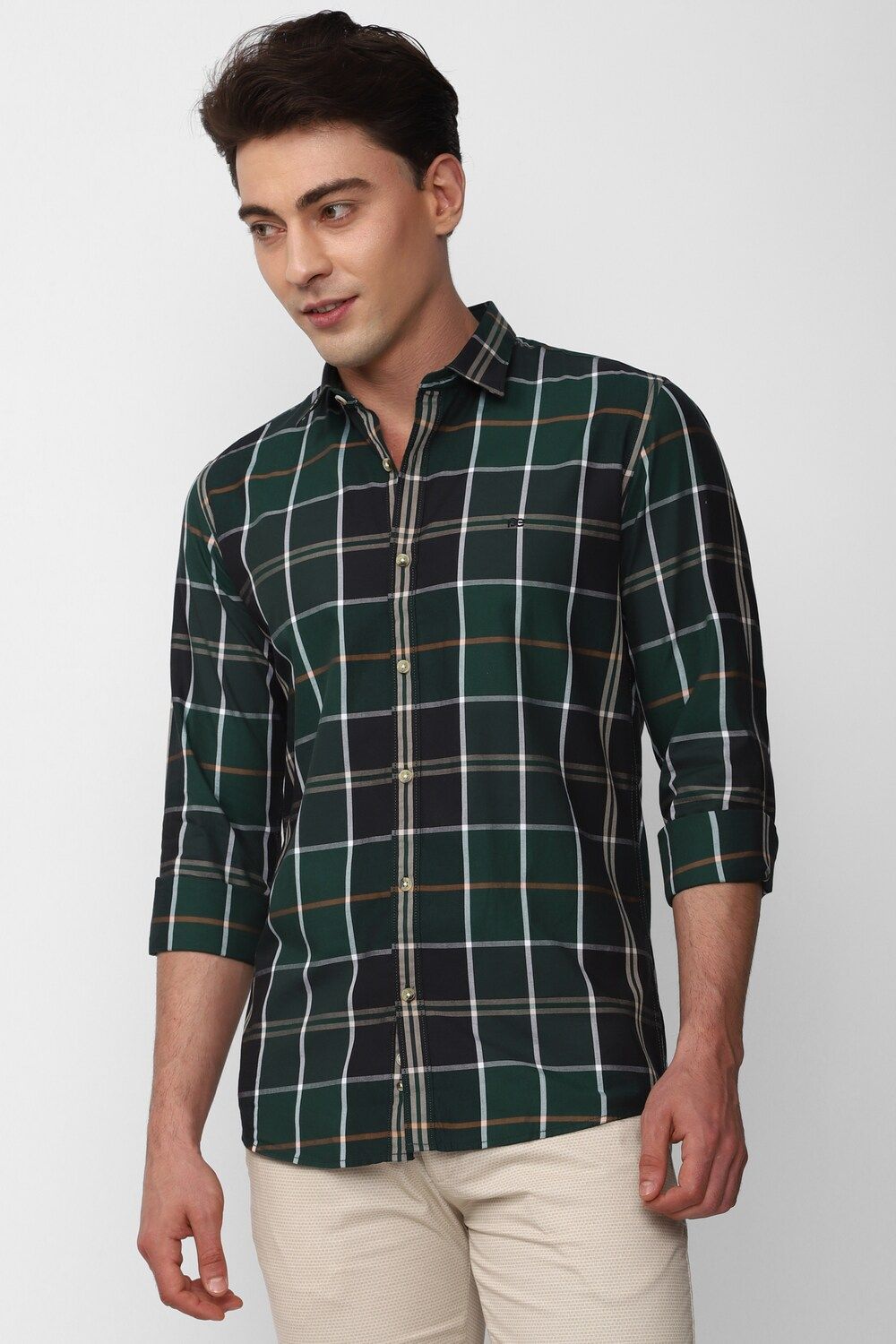Men Green Slim Fit Check Full Sleeves Casual Shirt