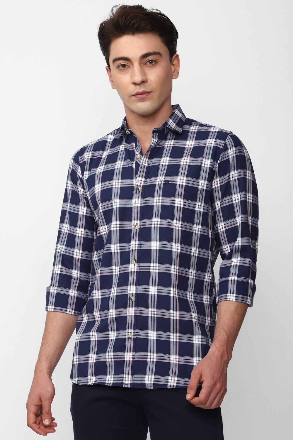 Men Navy Slim Fit Check Full Sleeves Casual Shirt