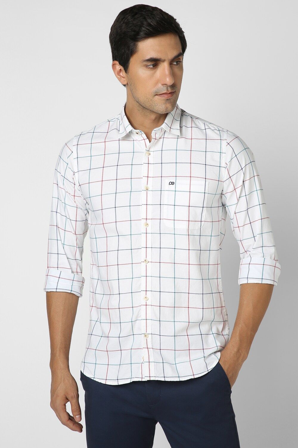 Men White Slim Fit Check Full Sleeves Casual Shirt