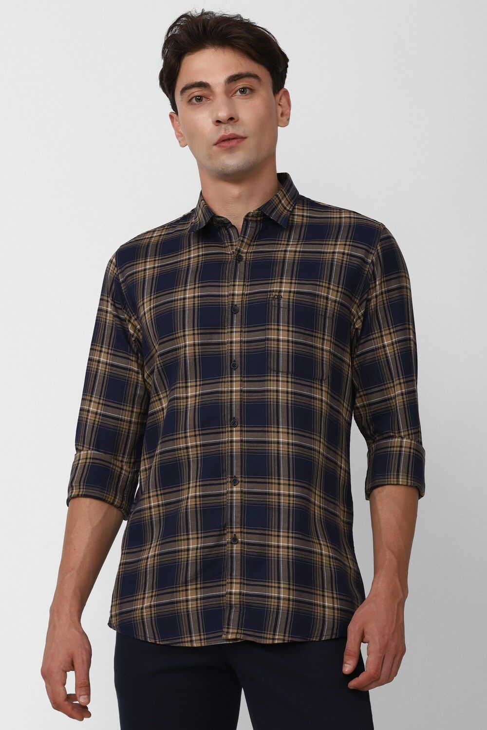 Men Navy Slim Fit Check Full Sleeves Casual Shirt