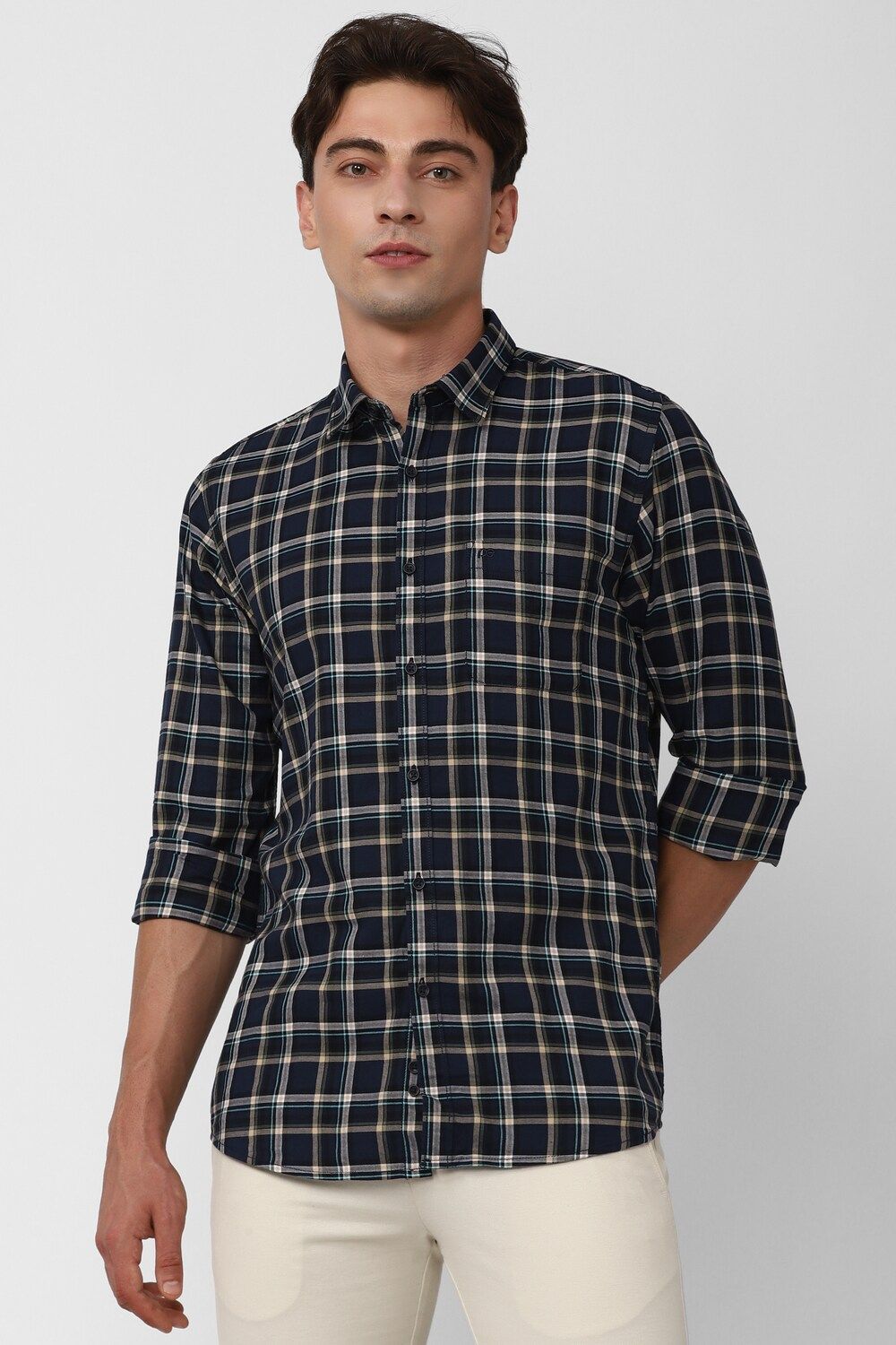 Men Navy Slim Fit Check Full Sleeves Casual Shirt