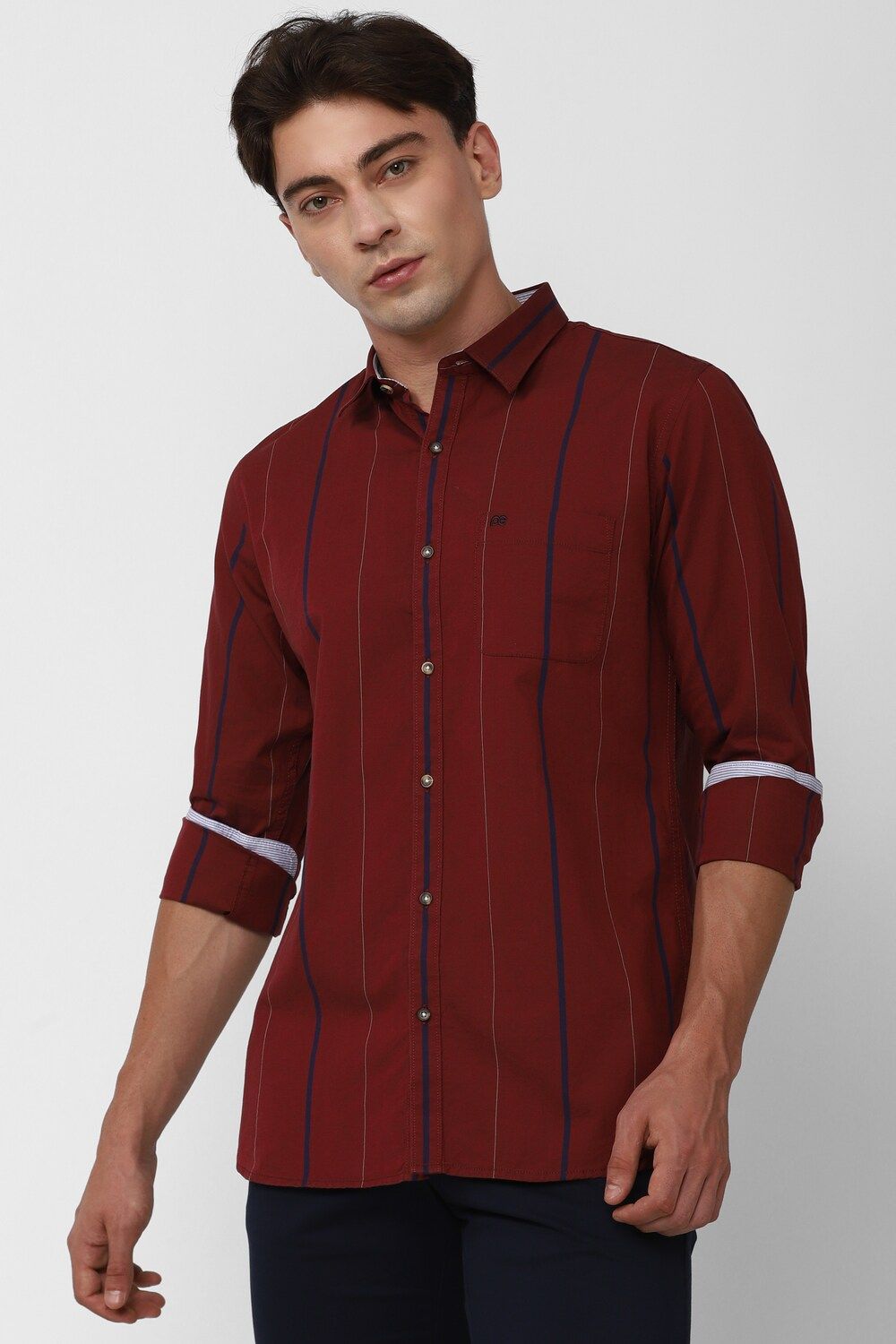 Men Maroon Slim Fit Stripe Full Sleeves Casual Shirt
