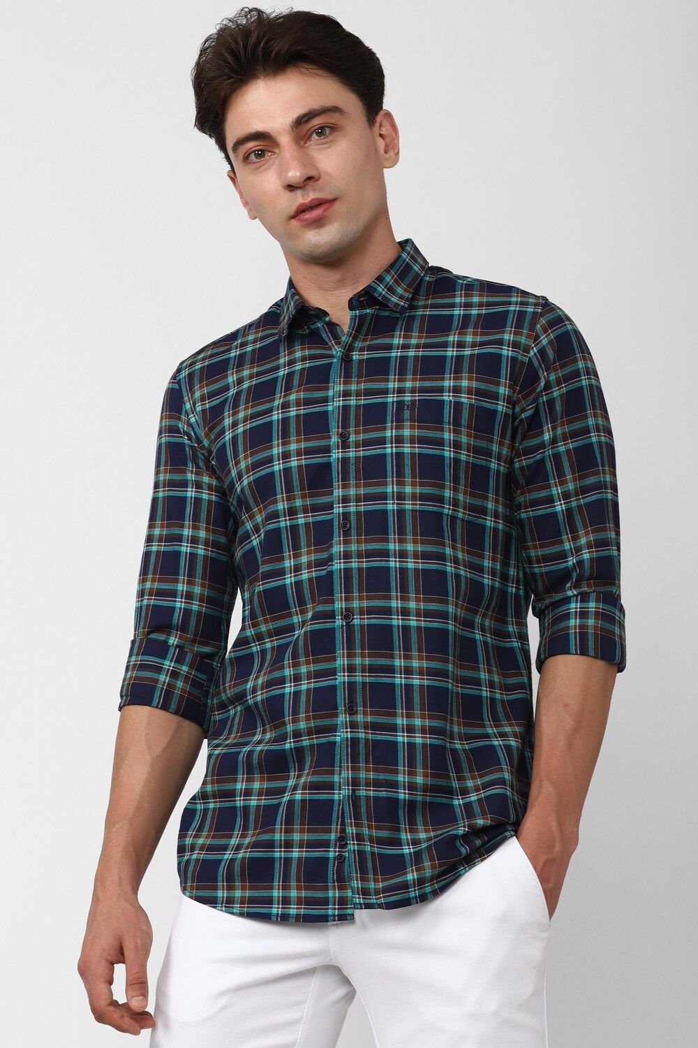 Men Navy Slim Fit Check Full Sleeves Casual Shirt