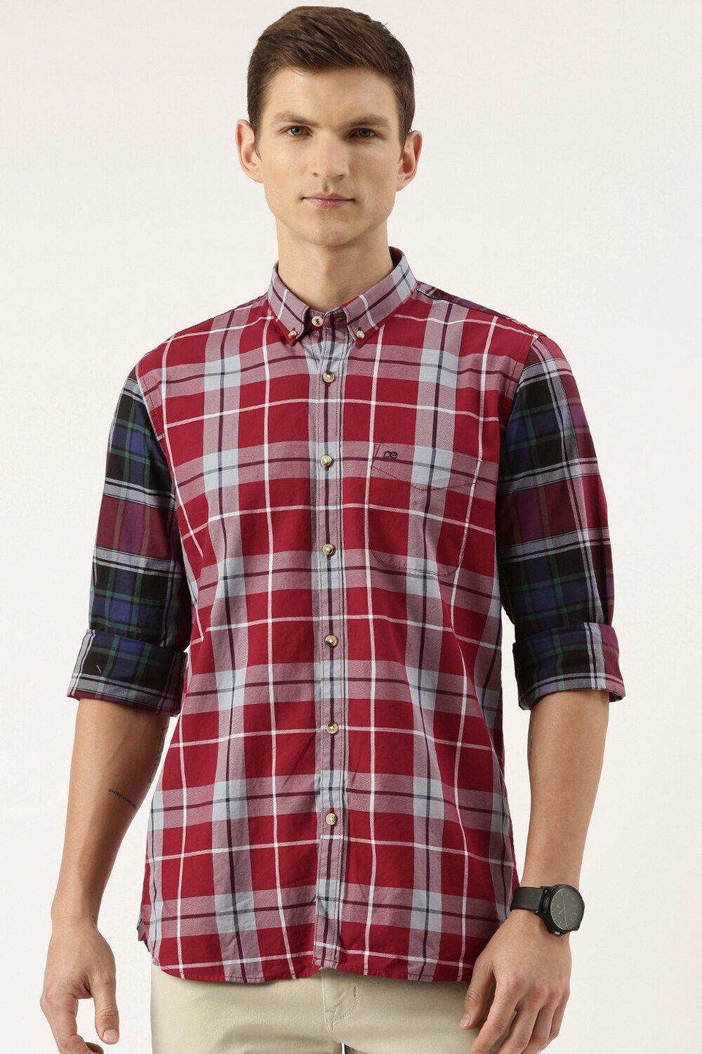Men Red Slim Fit Check Full Sleeves Casual Shirt