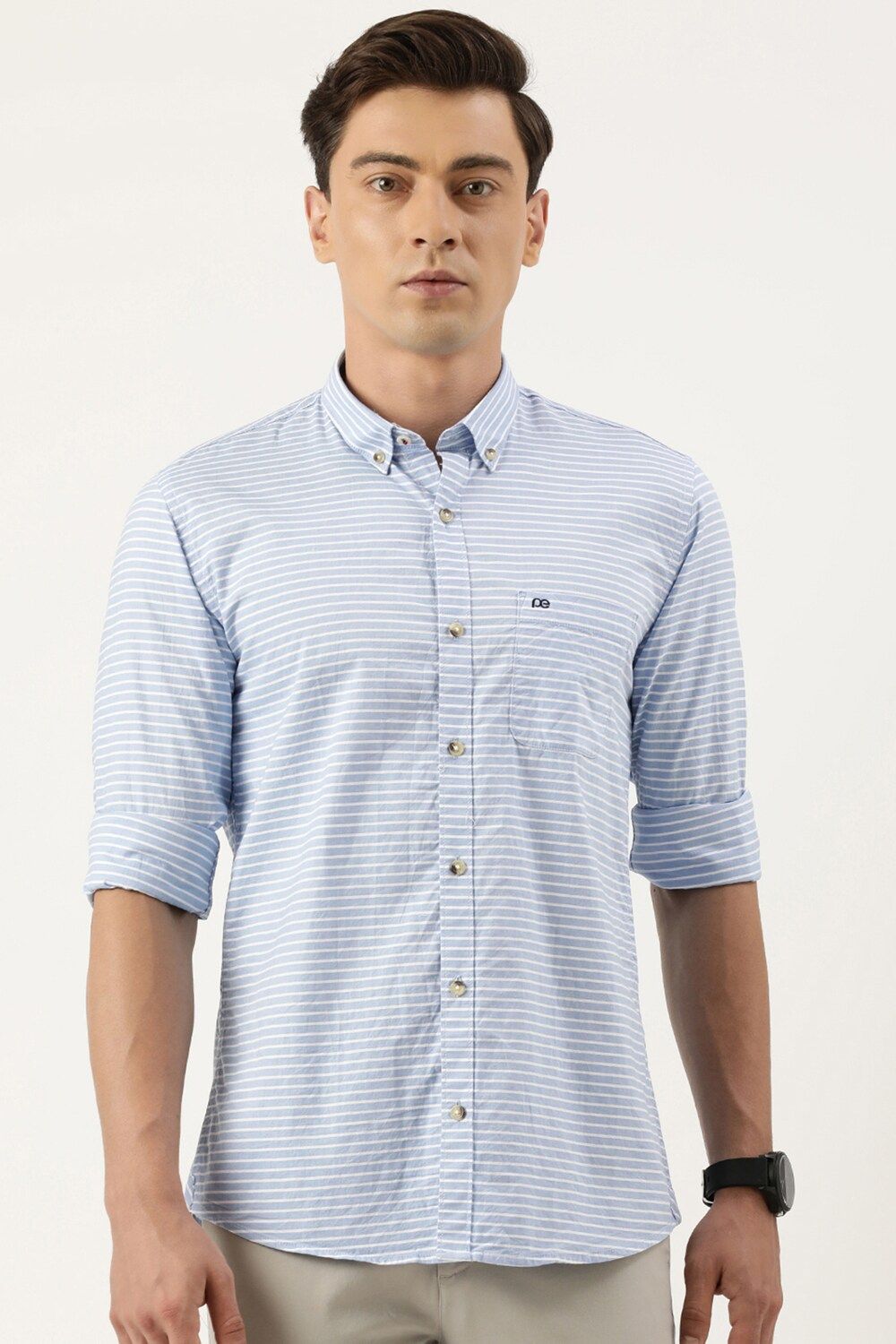 Men Blue Slim Fit Stripe Full Sleeves Casual Shirt