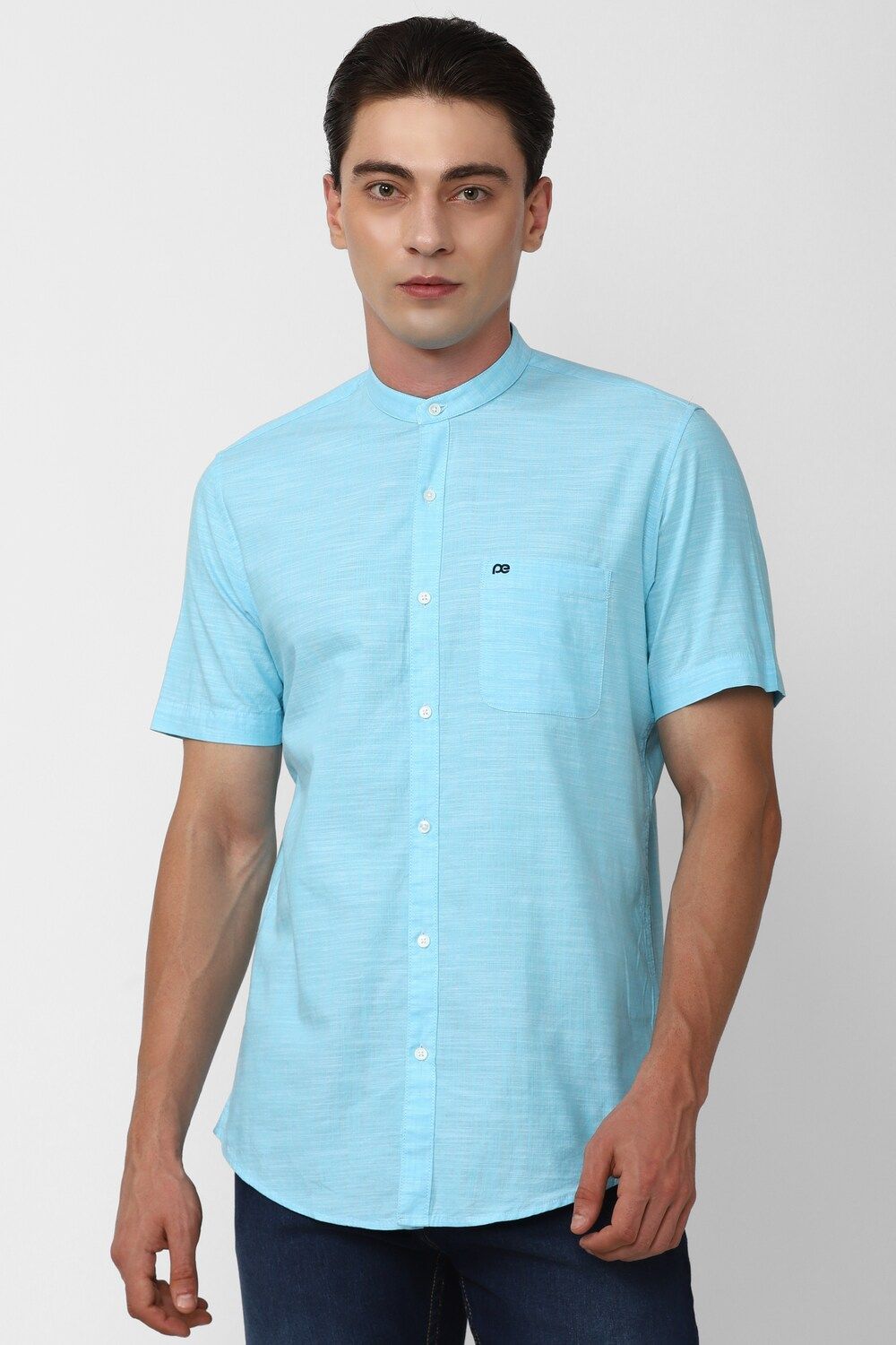 Men Blue Slim Fit Solid Half Sleeves Casual Shirt