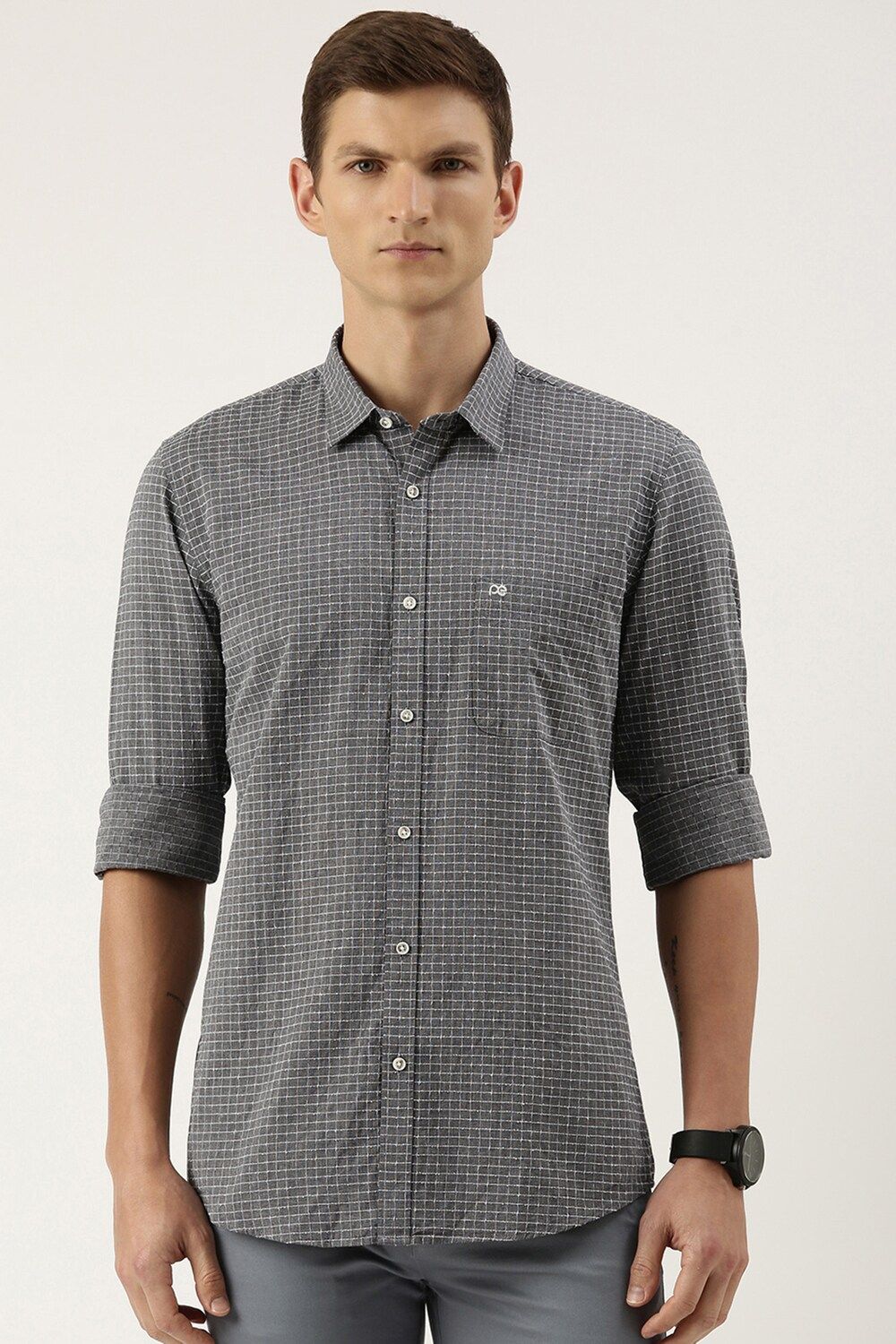 Men Grey Slim Fit Check Full Sleeves Casual Shirt