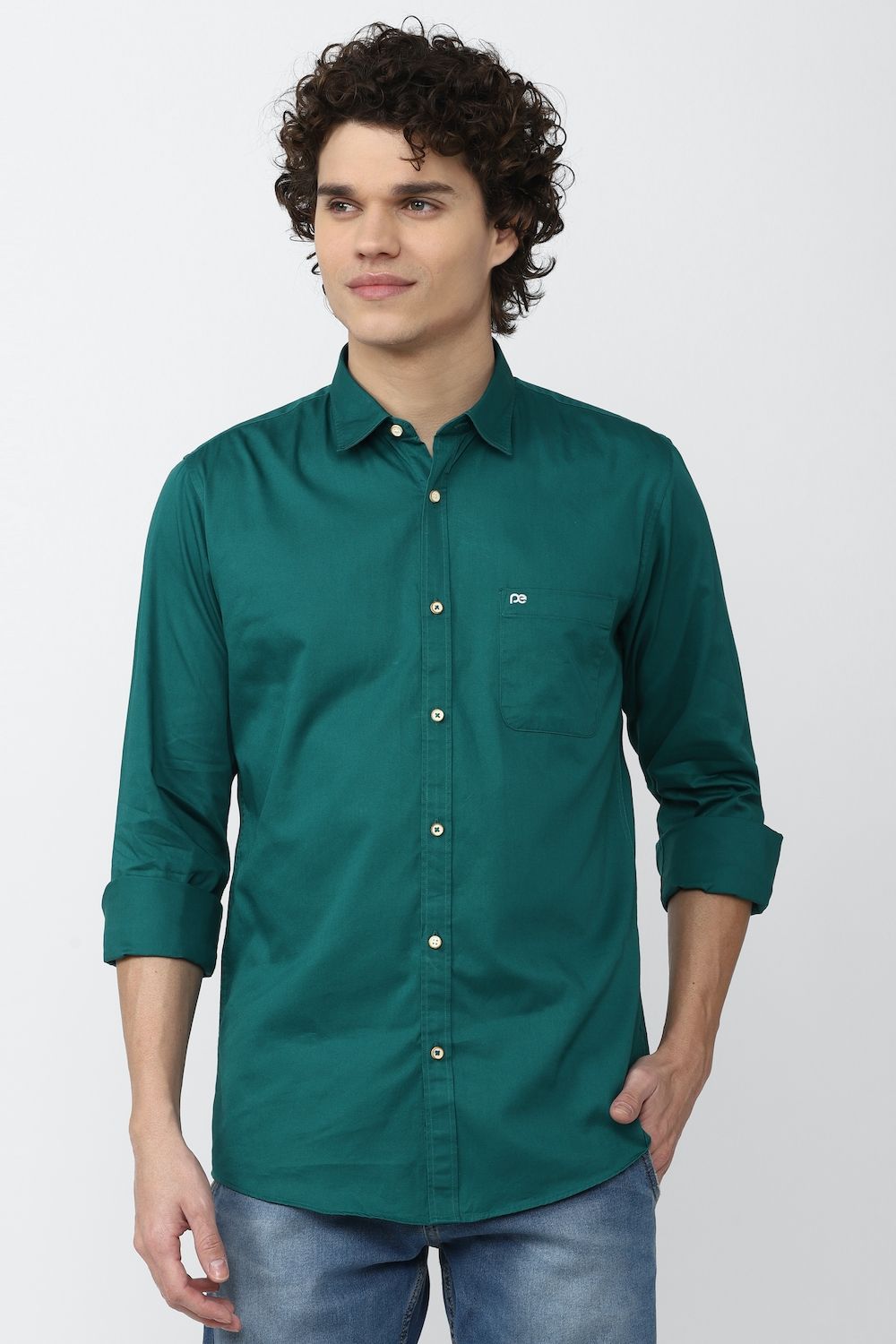 Men Green Slim Fit Solid Full Sleeves Casual Shirt