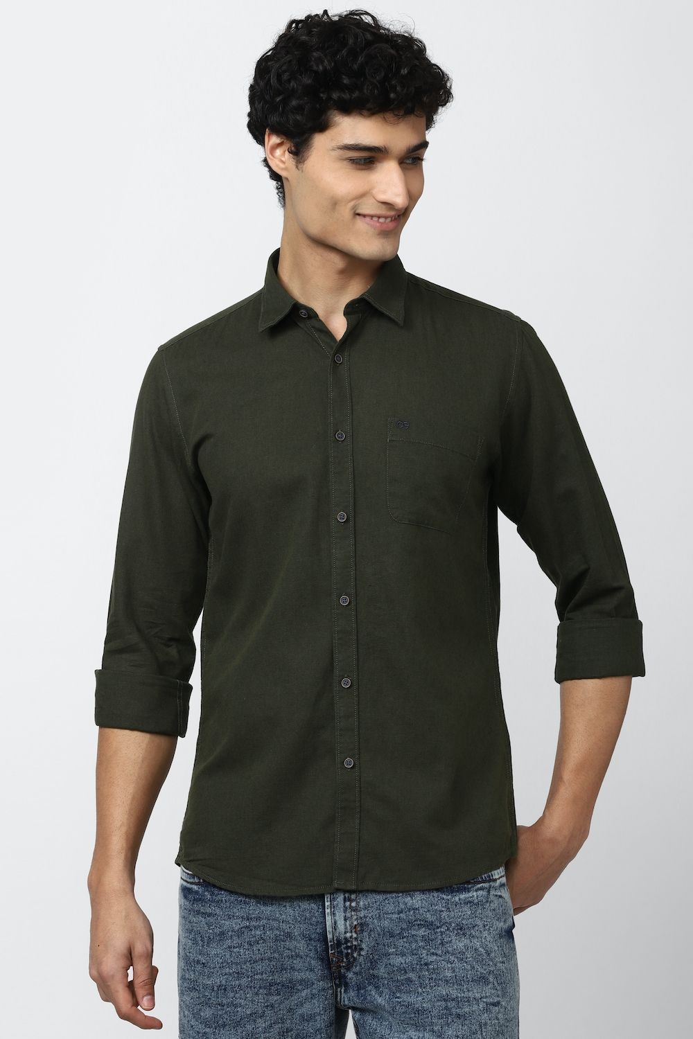 Men Olive Slim Fit Solid Full Sleeves Casual Shirt