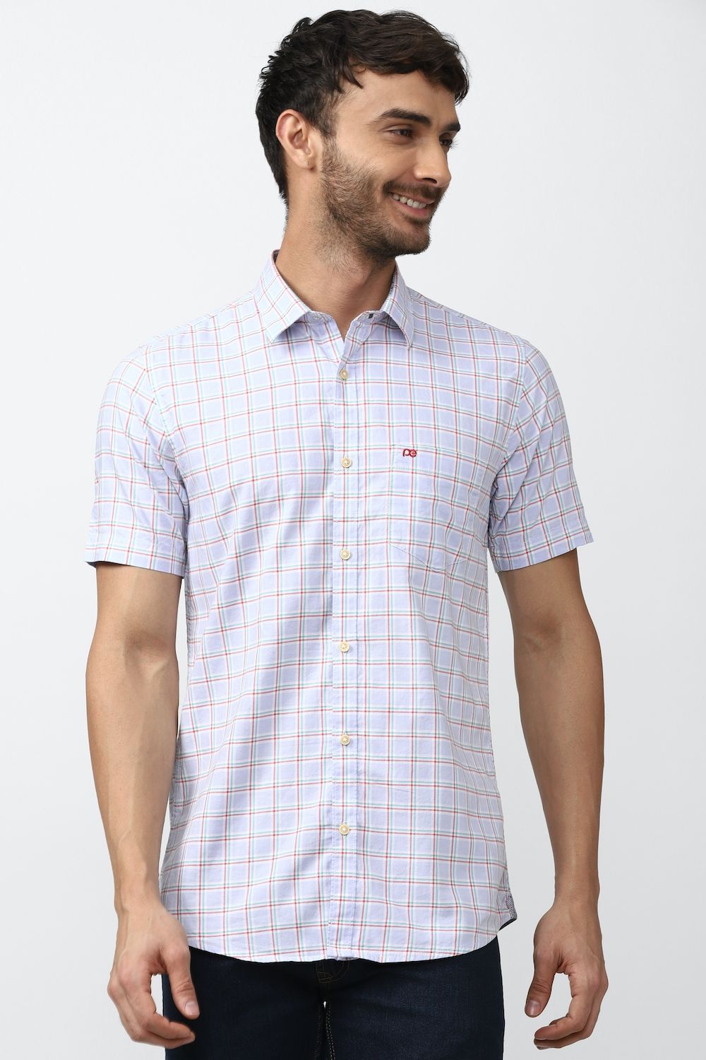 Men Blue Slim Fit Check Half Sleeves Casual Shirt