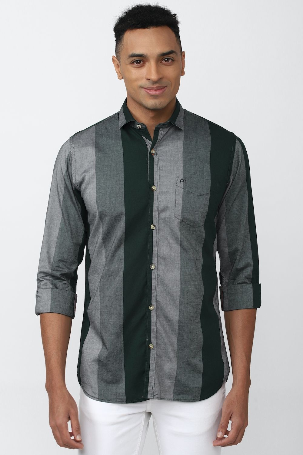 Men Grey Slim Fit Stripe Full Sleeves Casual Shirt