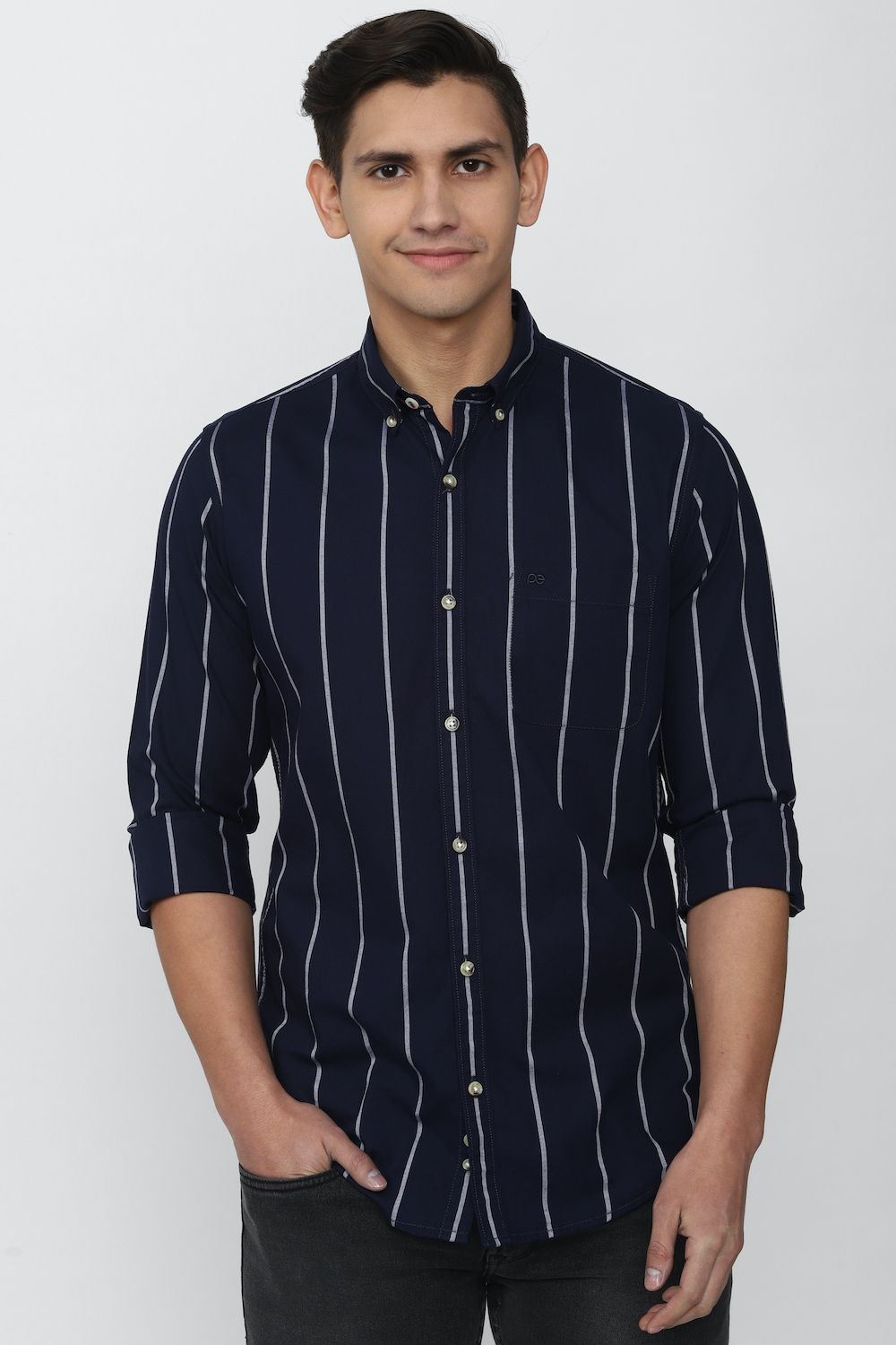 Men Navy Slim Fit Stripe Full Sleeves Casual Shirt