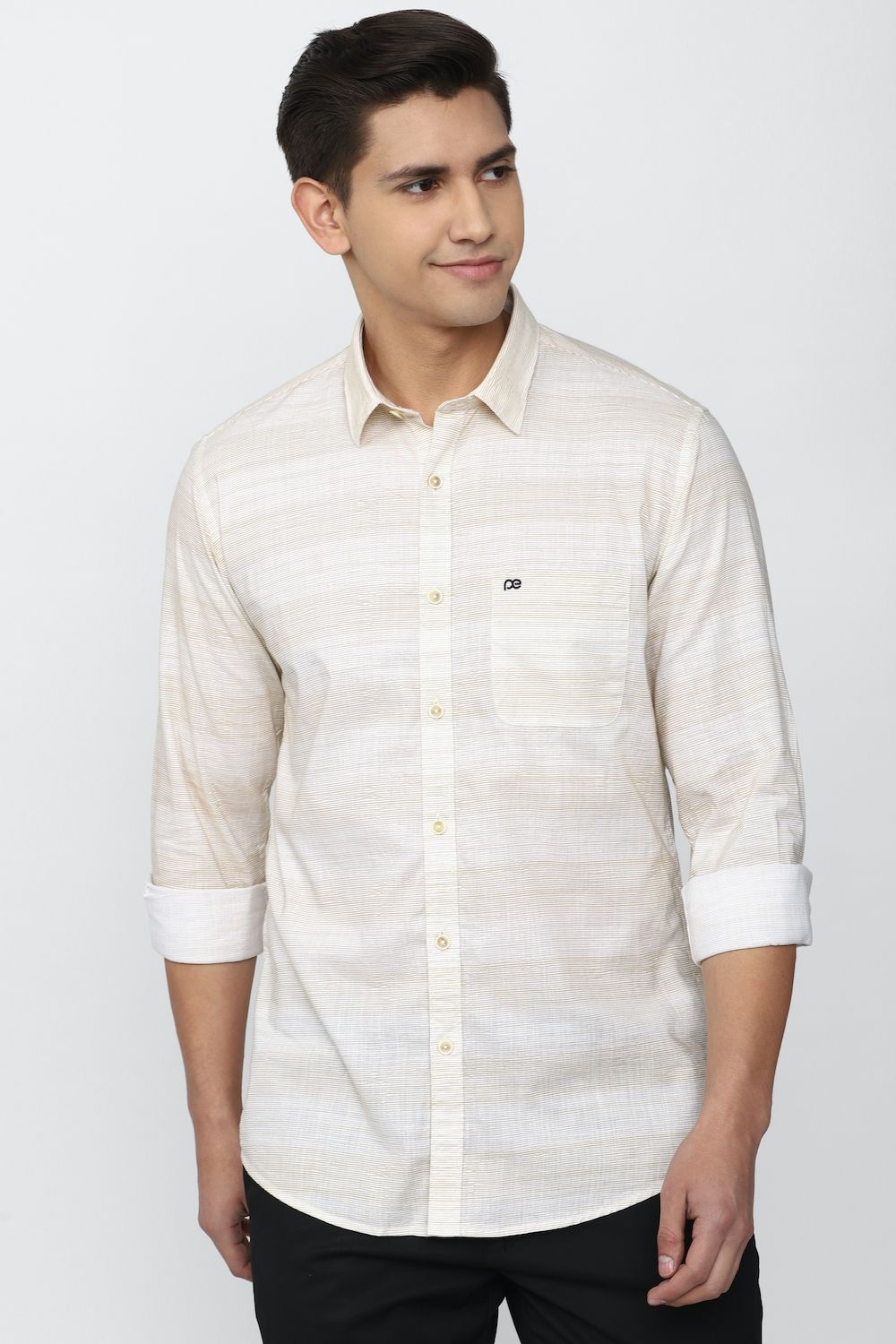 Men Beige Slim Fit Stripe Full Sleeves Casual Shirt