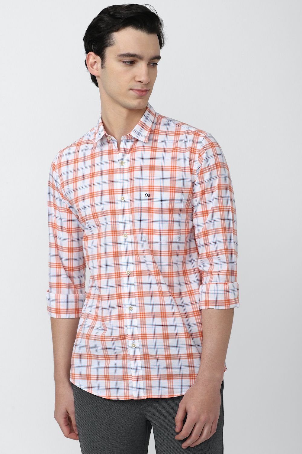 Men Orange Slim Fit Check Full Sleeves Casual Shirt