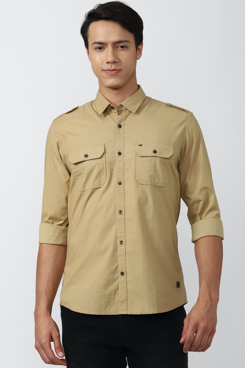 Men Khaki Slim Fit Solid Full Sleeves Casual Shirt