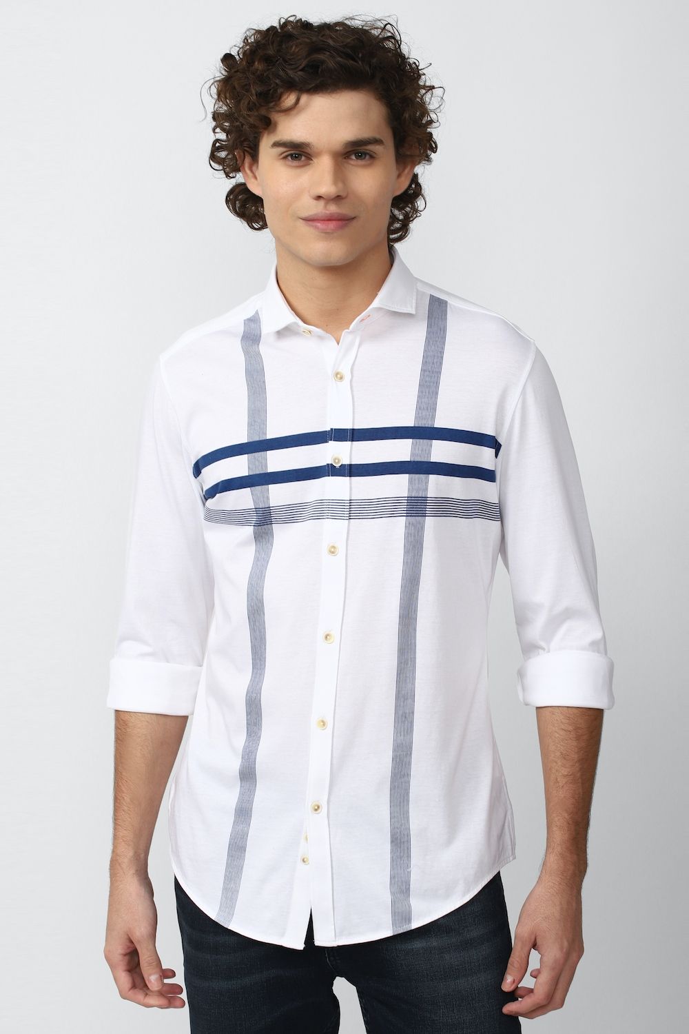 Men White Slim Fit Check Full Sleeves Casual Shirt