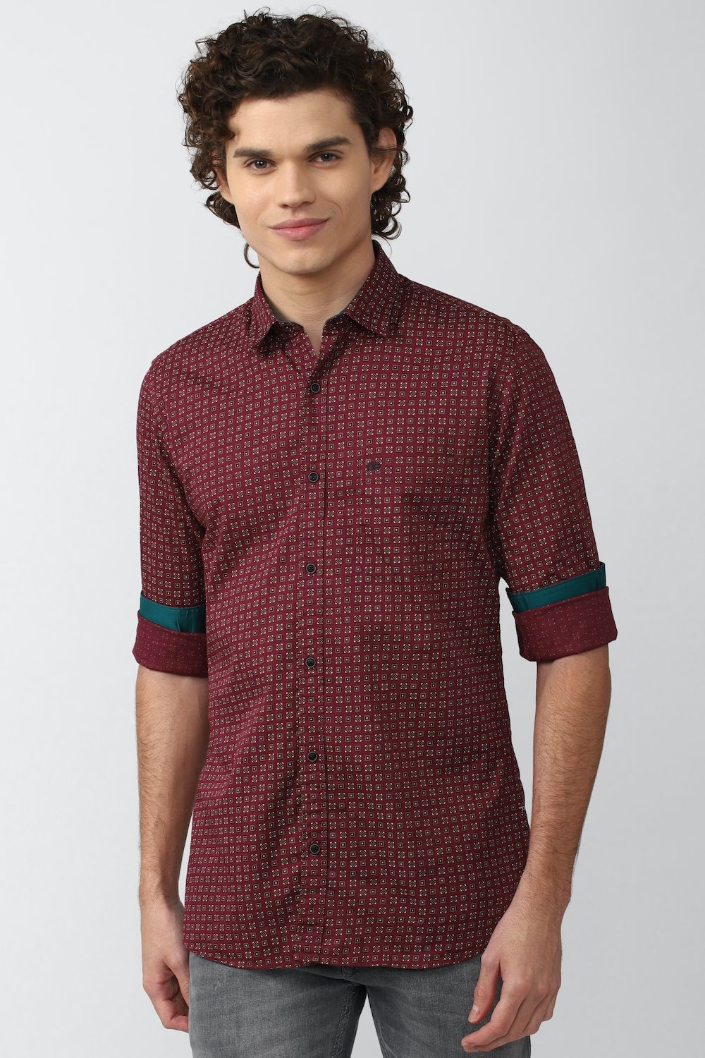 Men Maroon Slim Fit Print Full Sleeves Casual Shirt