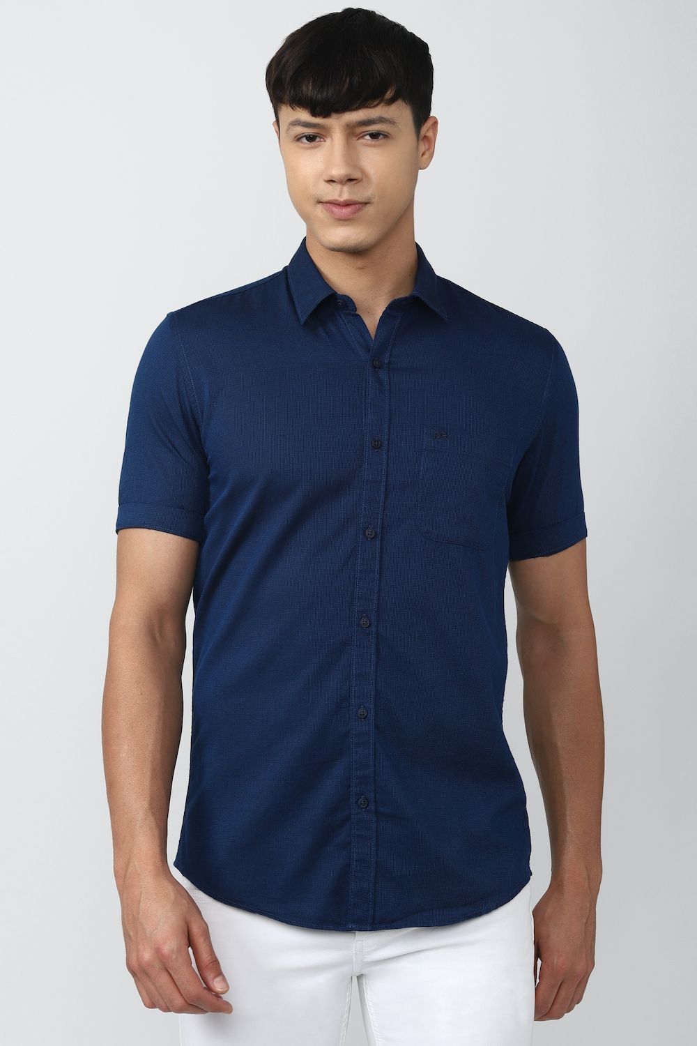 Men Blue Slim Fit Solid Half Sleeves Casual Shirt