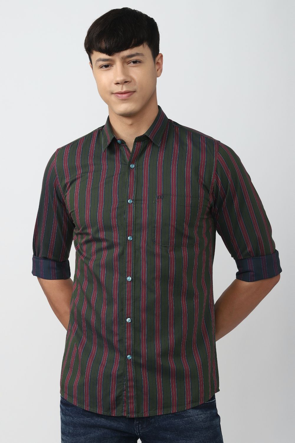 Men Olive Slim Fit Stripe Full Sleeves Casual Shirt