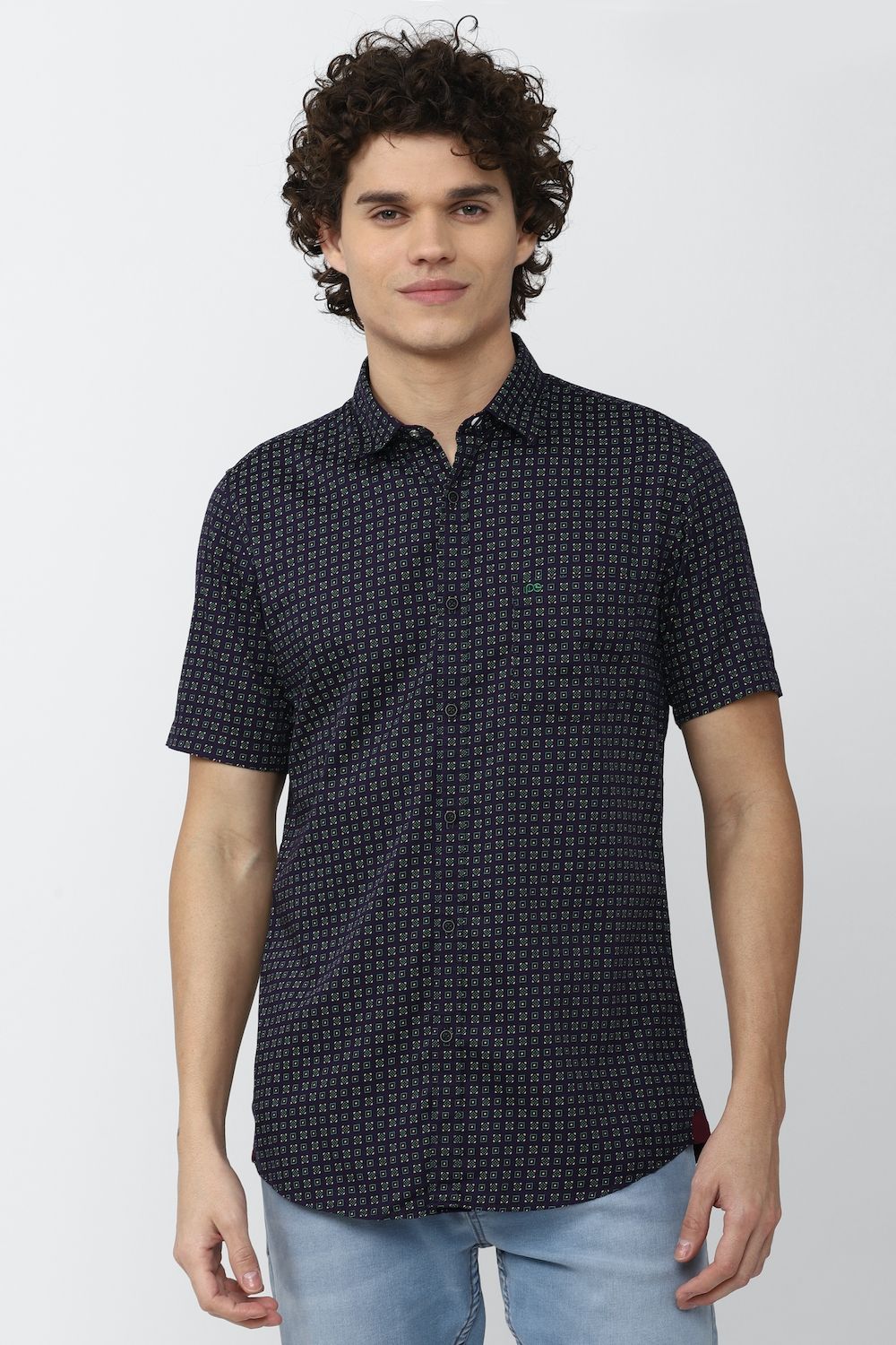 Men Navy Slim Fit Print Half Sleeves Casual Shirt