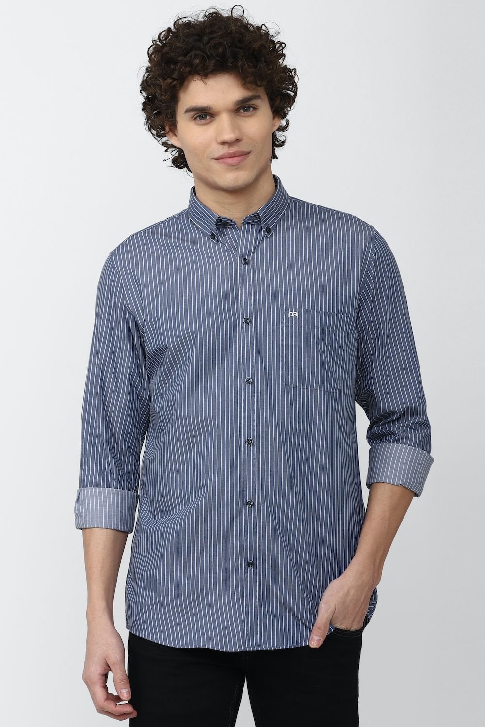 Men Blue Slim Fit Stripe Full Sleeves Casual Shirt