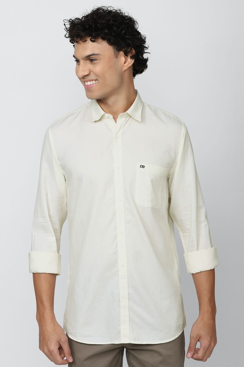 Men Cream Slim Fit Solid Full Sleeves Casual Shirt