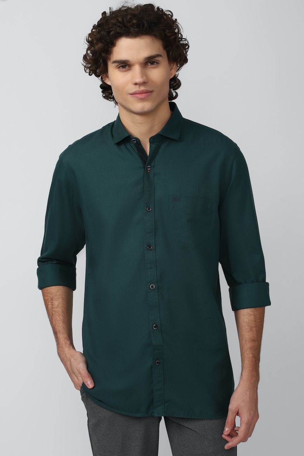 Men Green Slim Fit Solid Full Sleeves Casual Shirt